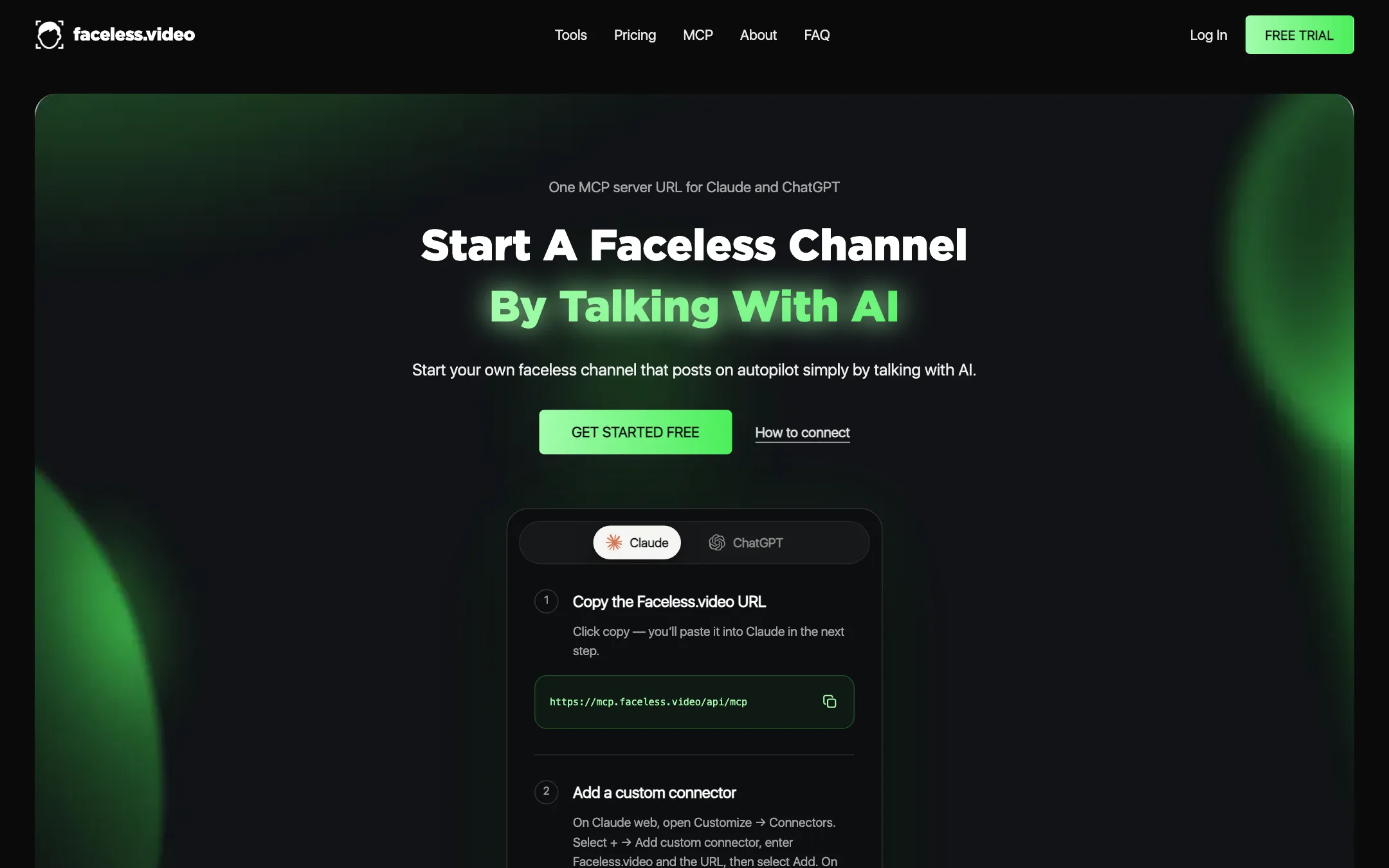 Faceless.video MCP page for connecting Claude and ChatGPT