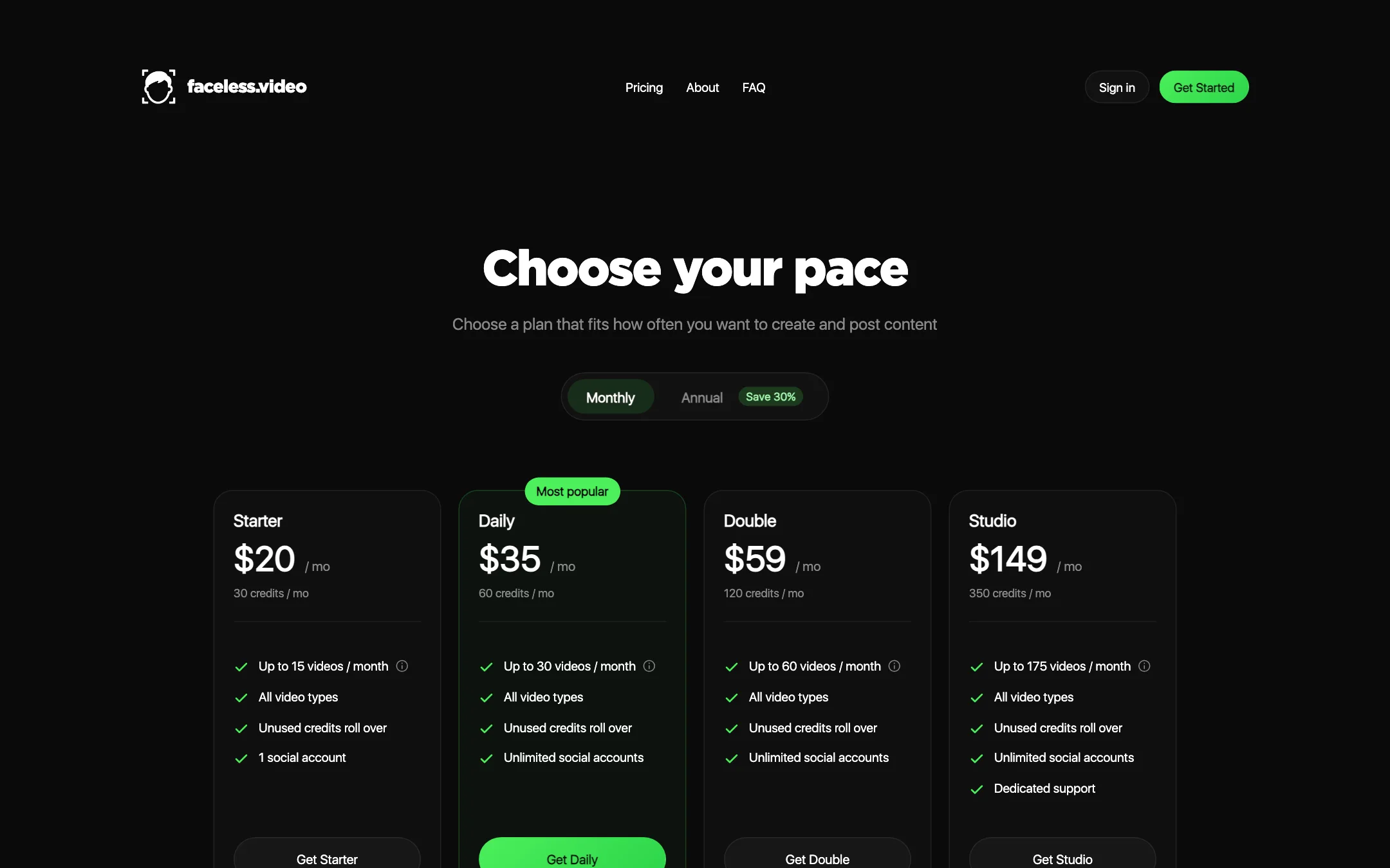 Faceless.video pricing page with Starter, Daily, Double and Studio plans