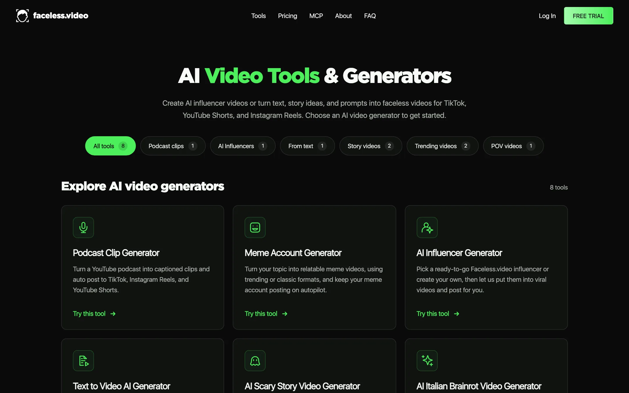 Faceless.video tools page listing eight AI video generators