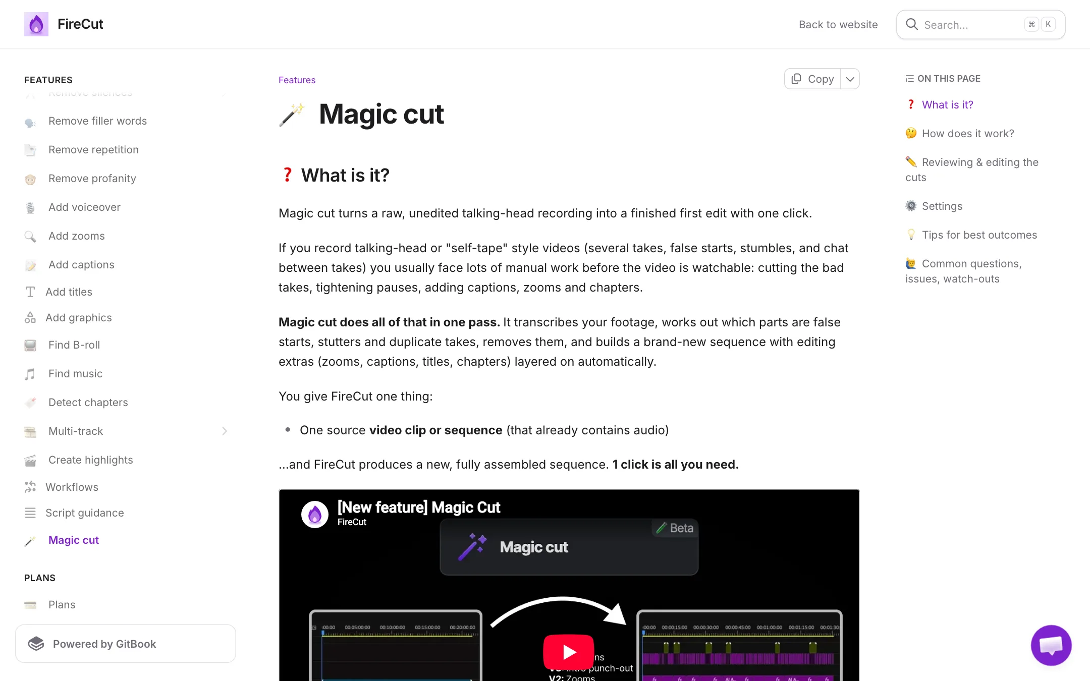 FireCut documentation page for the Magic cut feature