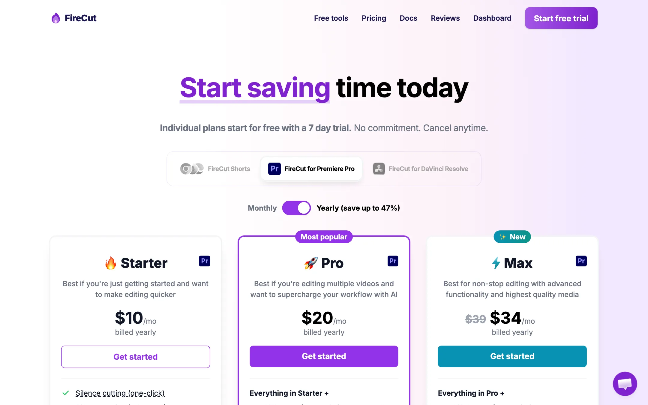 FireCut pricing page with Starter, Pro, Max and Team plans