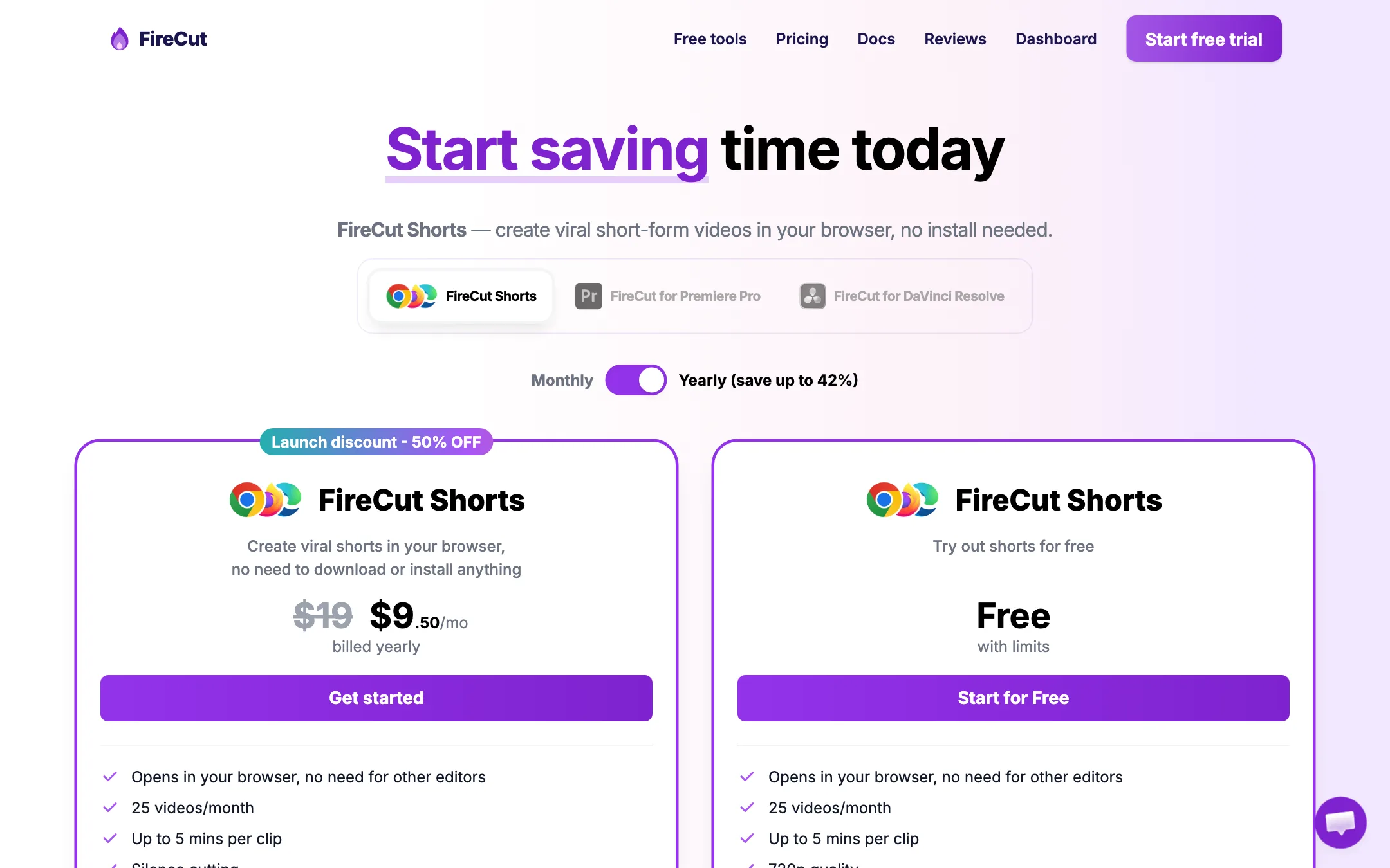 FireCut Shorts pricing with a free plan and a paid plan