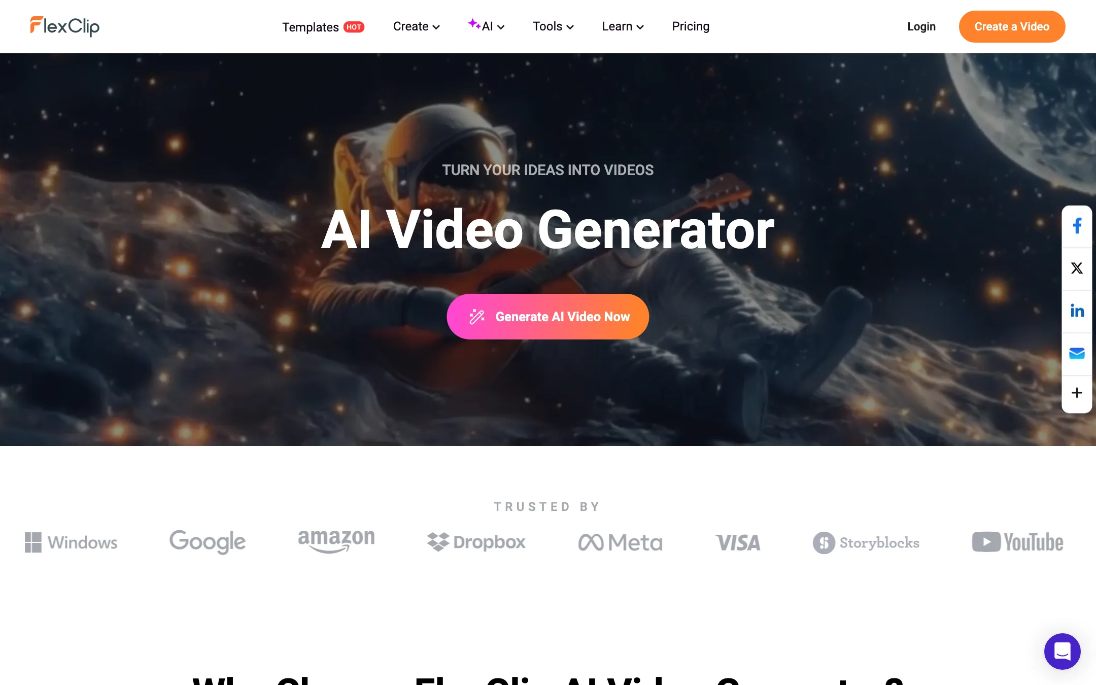 FlexClip AI Video Generator page with sample generated clips