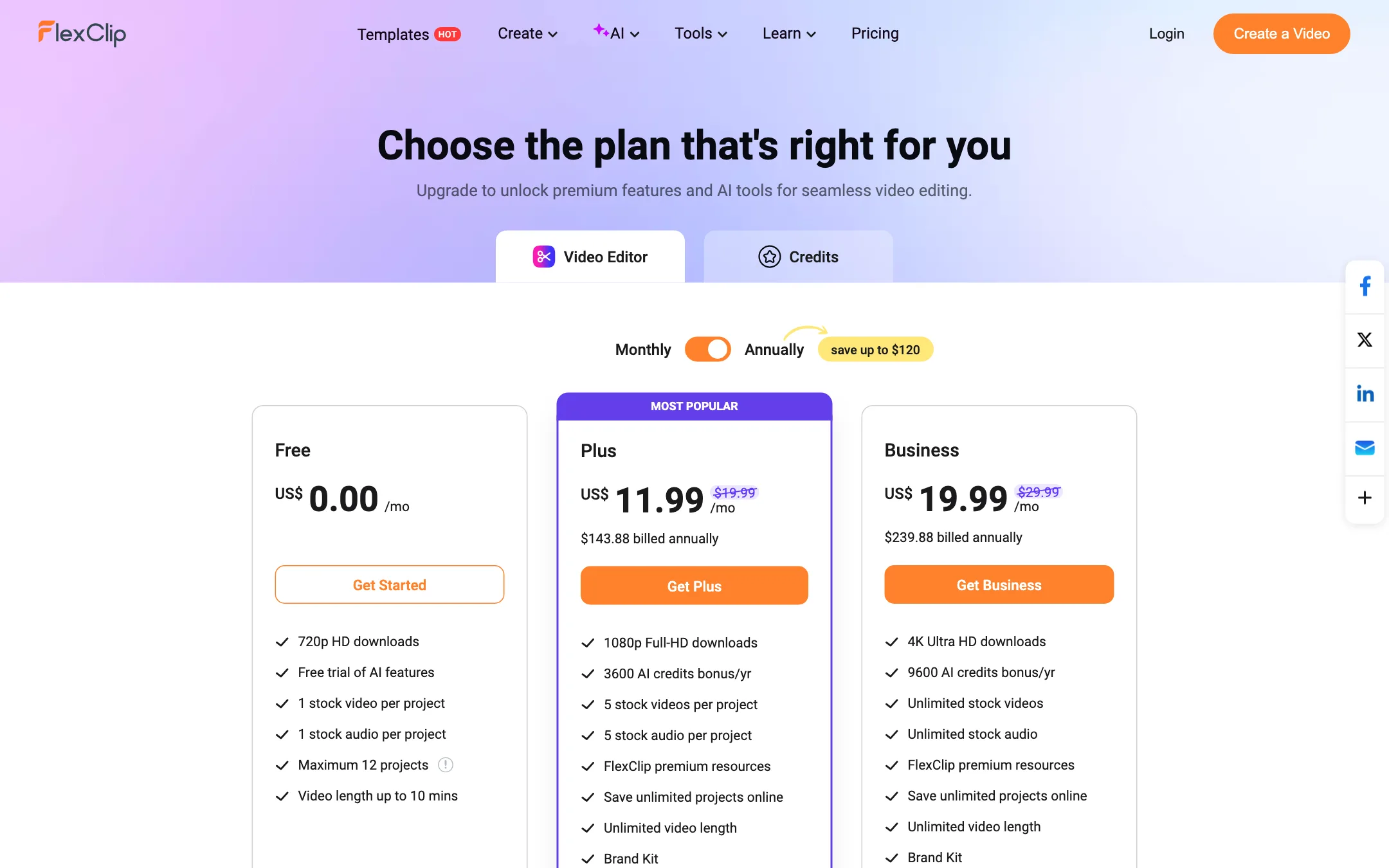 FlexClip pricing page with Free, Plus and Business plans
