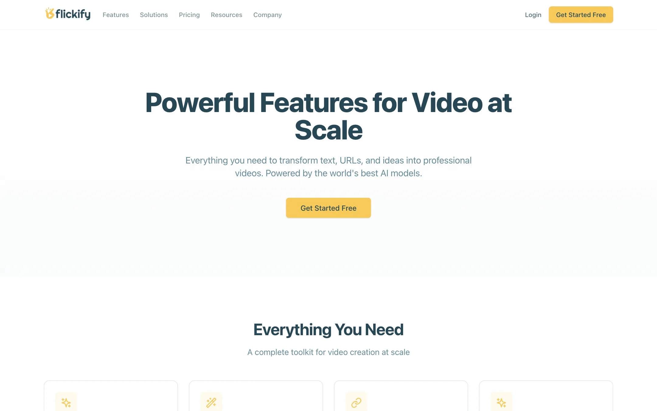 Flickify features page listing generative AI video clips, text to video and URL to video
