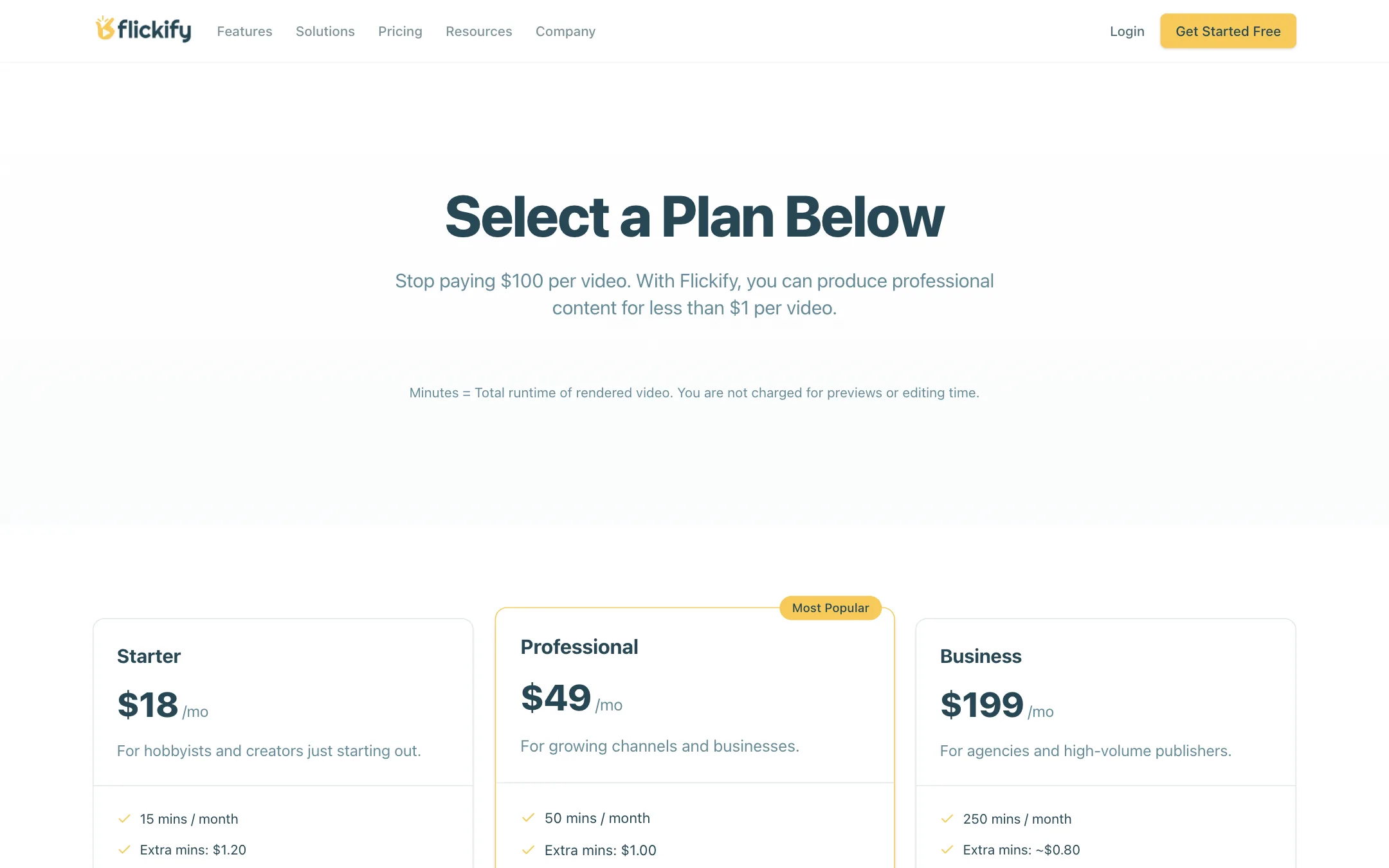 Flickify pricing page with Starter, Professional and Business plans