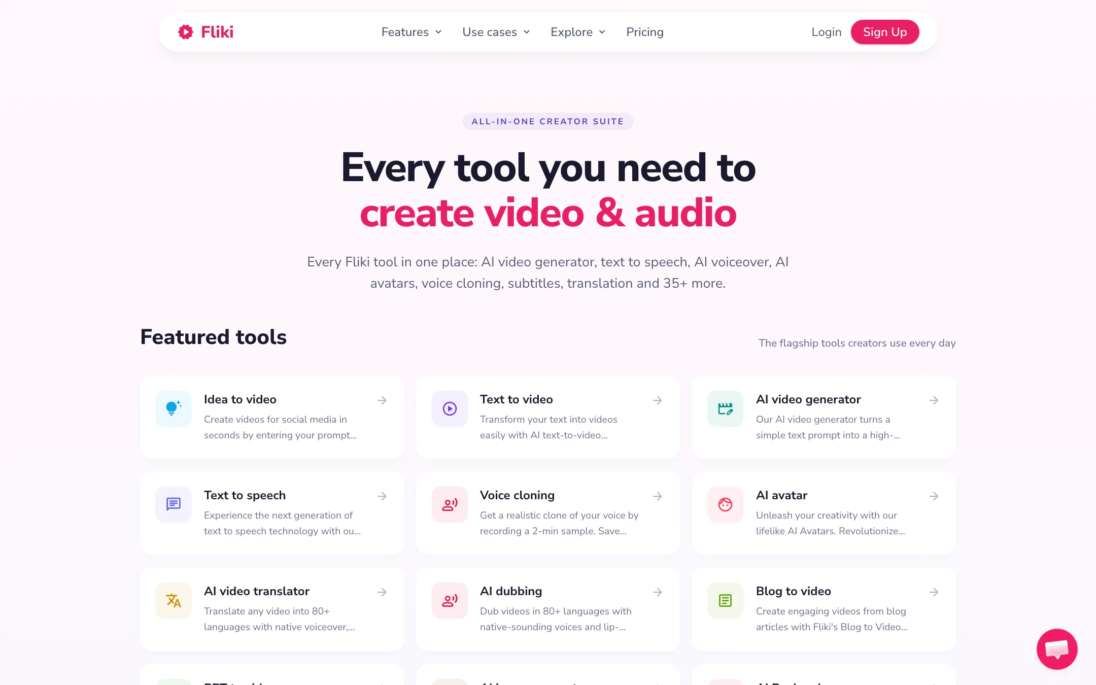 Fliki features page listing text to video, voice cloning, AI avatar and AI dubbing