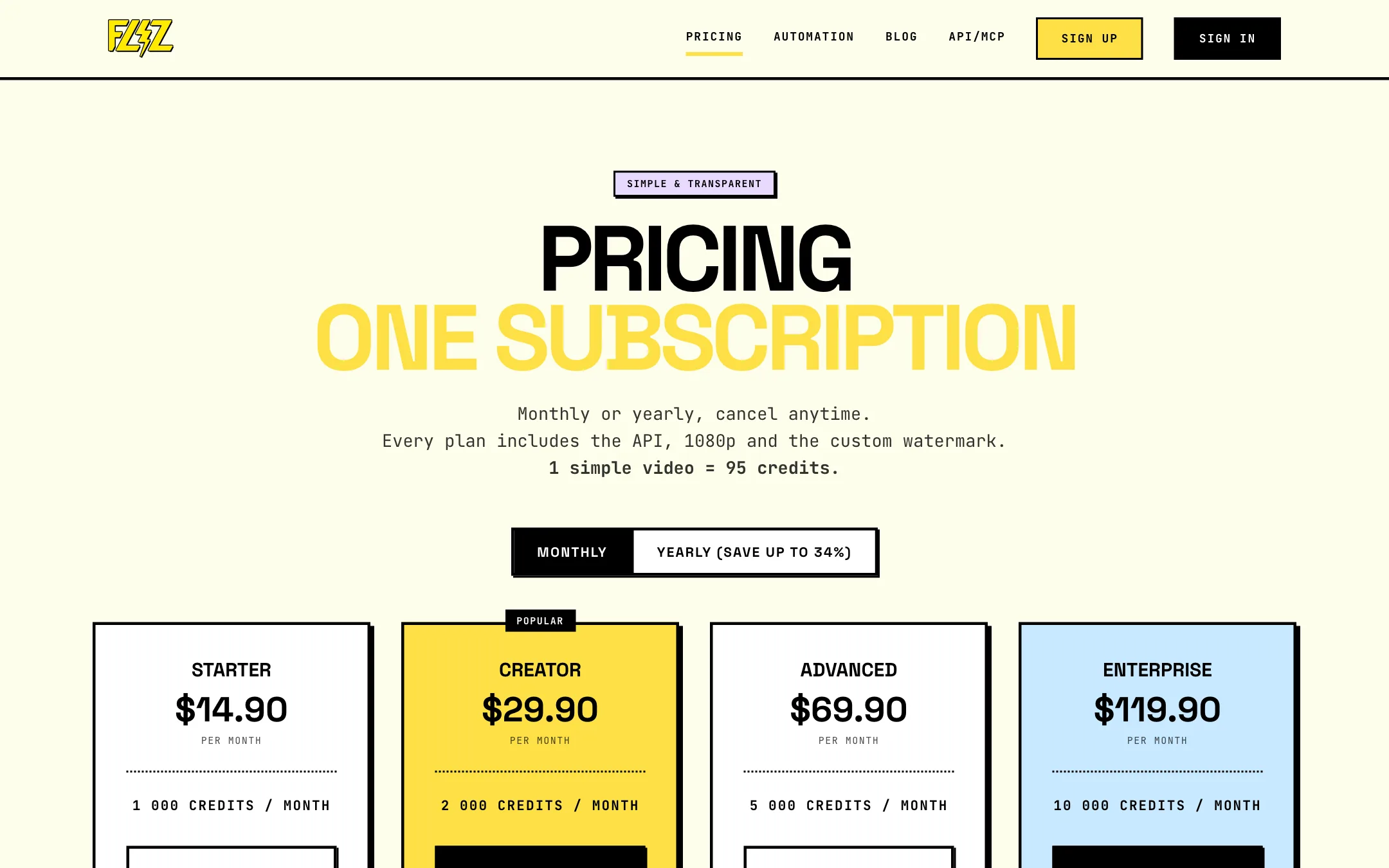 Fliz pricing page with Starter, Creator, Advanced and Enterprise plans