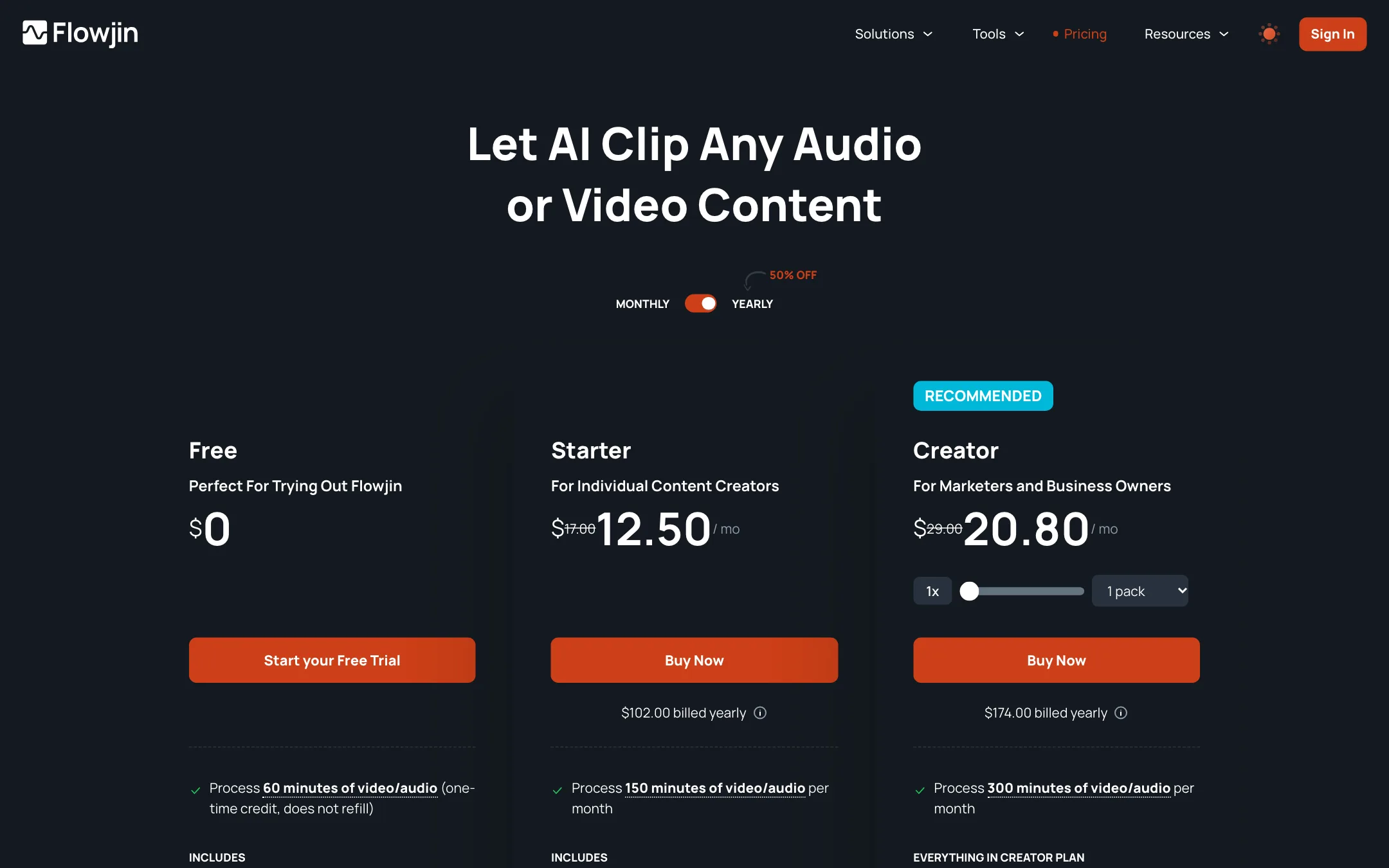 Flowjin pricing page with Free, Starter and Creator plans