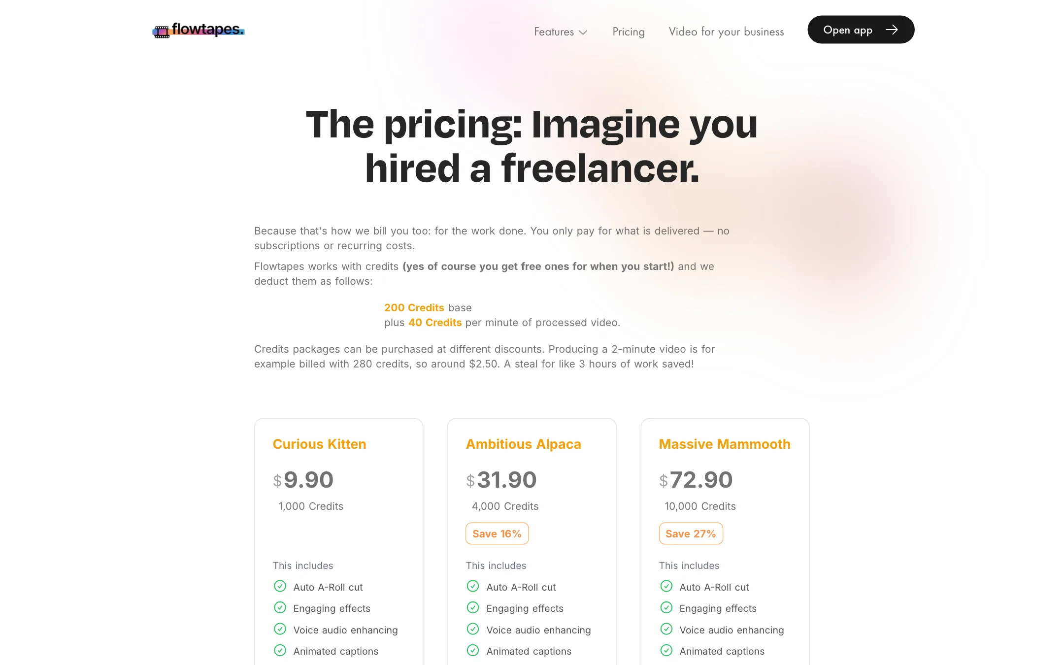 Flowtapes pricing with three credit packs at $9.90, $31.90 and $72.90