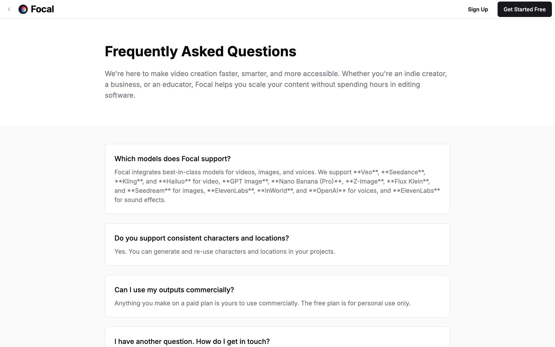 Focal FAQ listing Veo, Seedance, Kling and Hailuo as supported video models