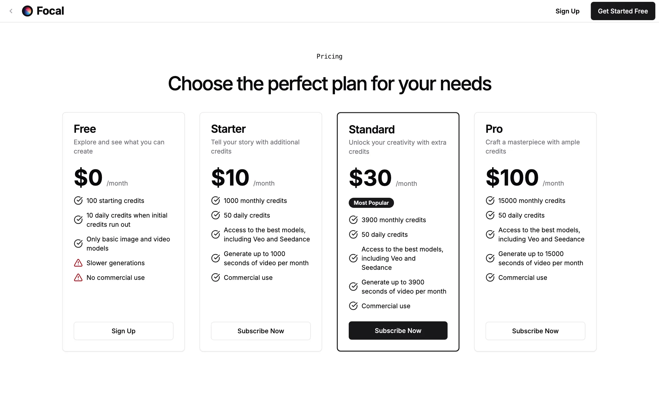 Focal pricing page showing Free, Starter, Standard and Pro plans
