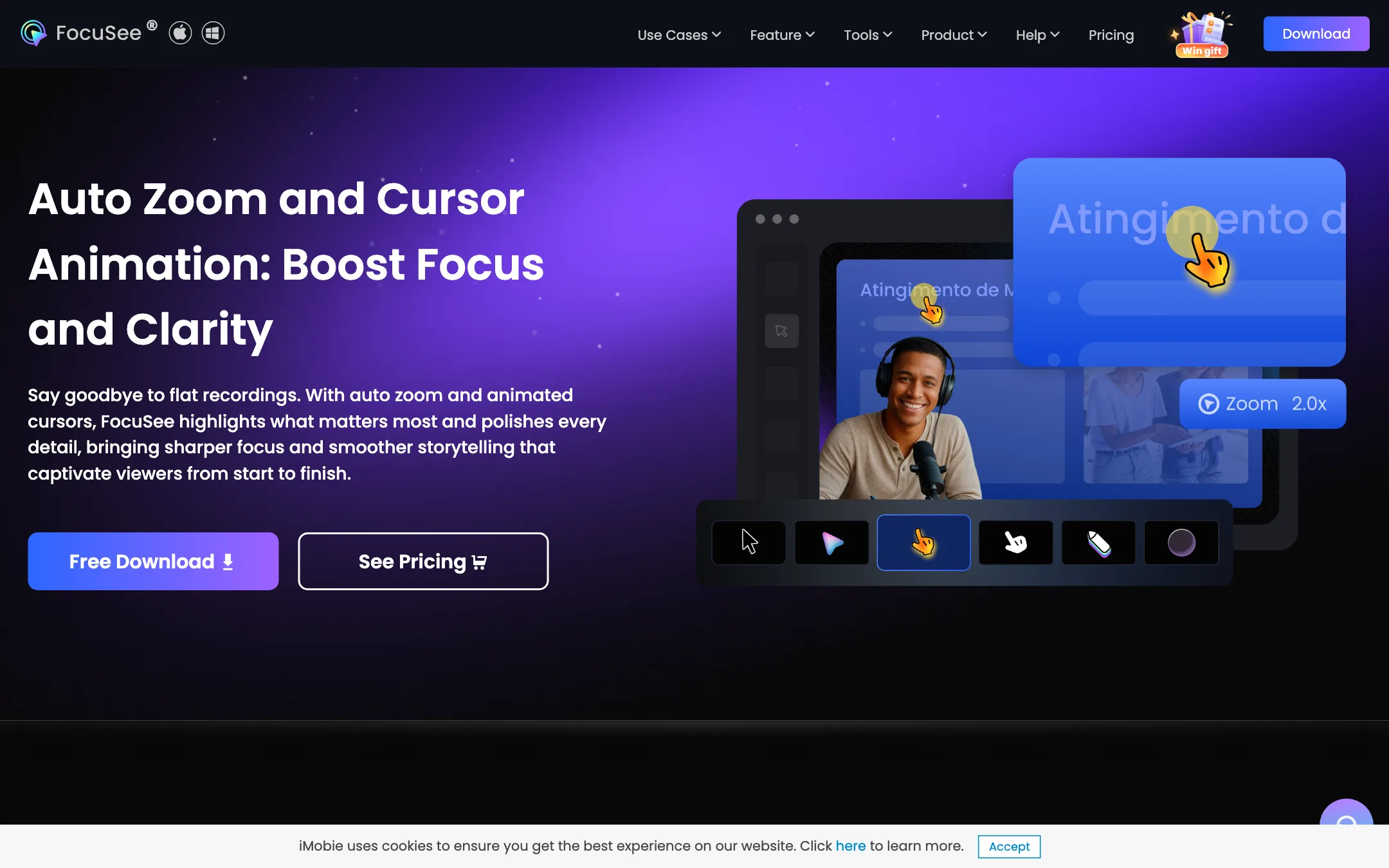 FocuSee auto zoom and cursor animation feature page