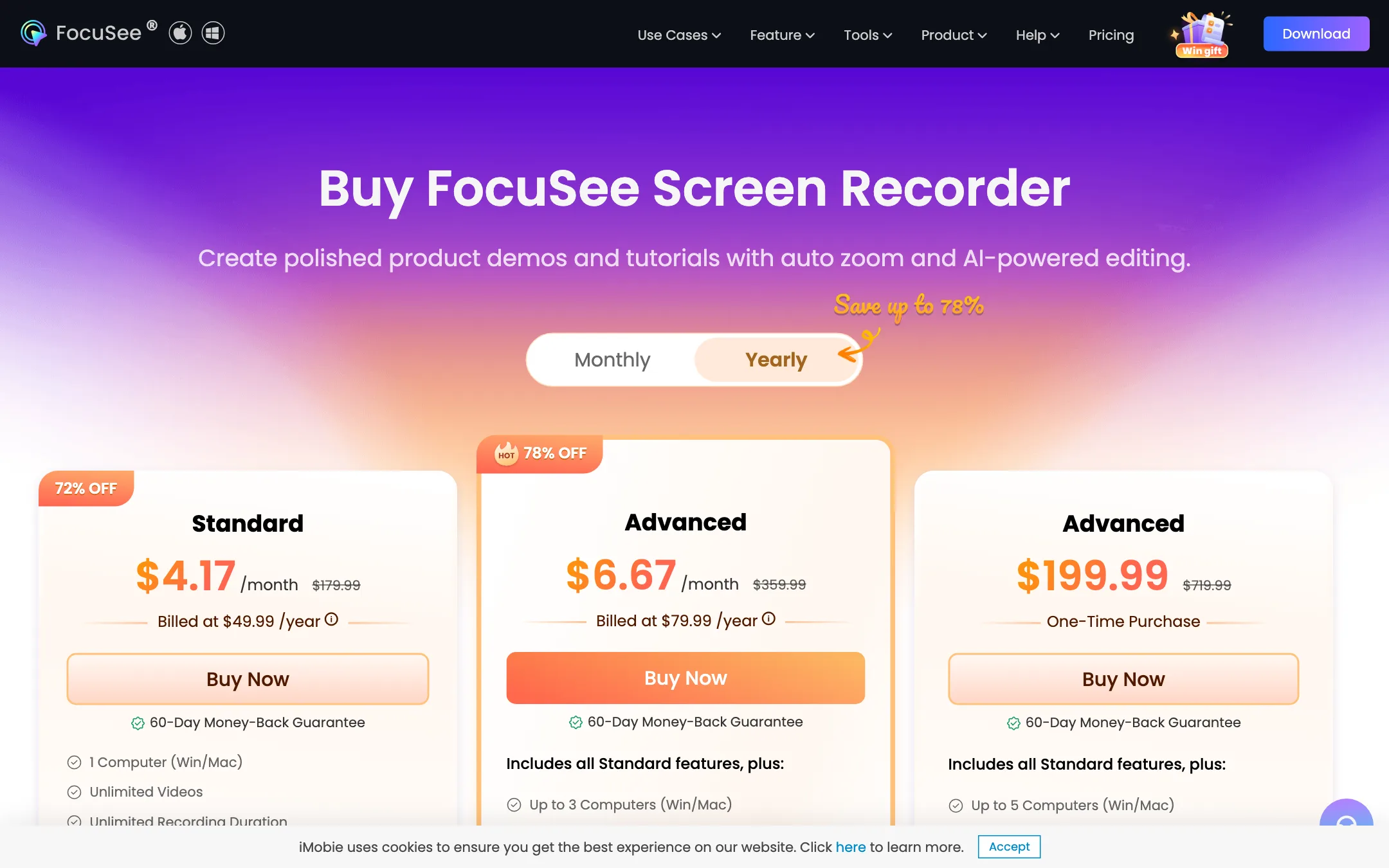 FocuSee pricing page with Standard, Advanced and lifetime plans