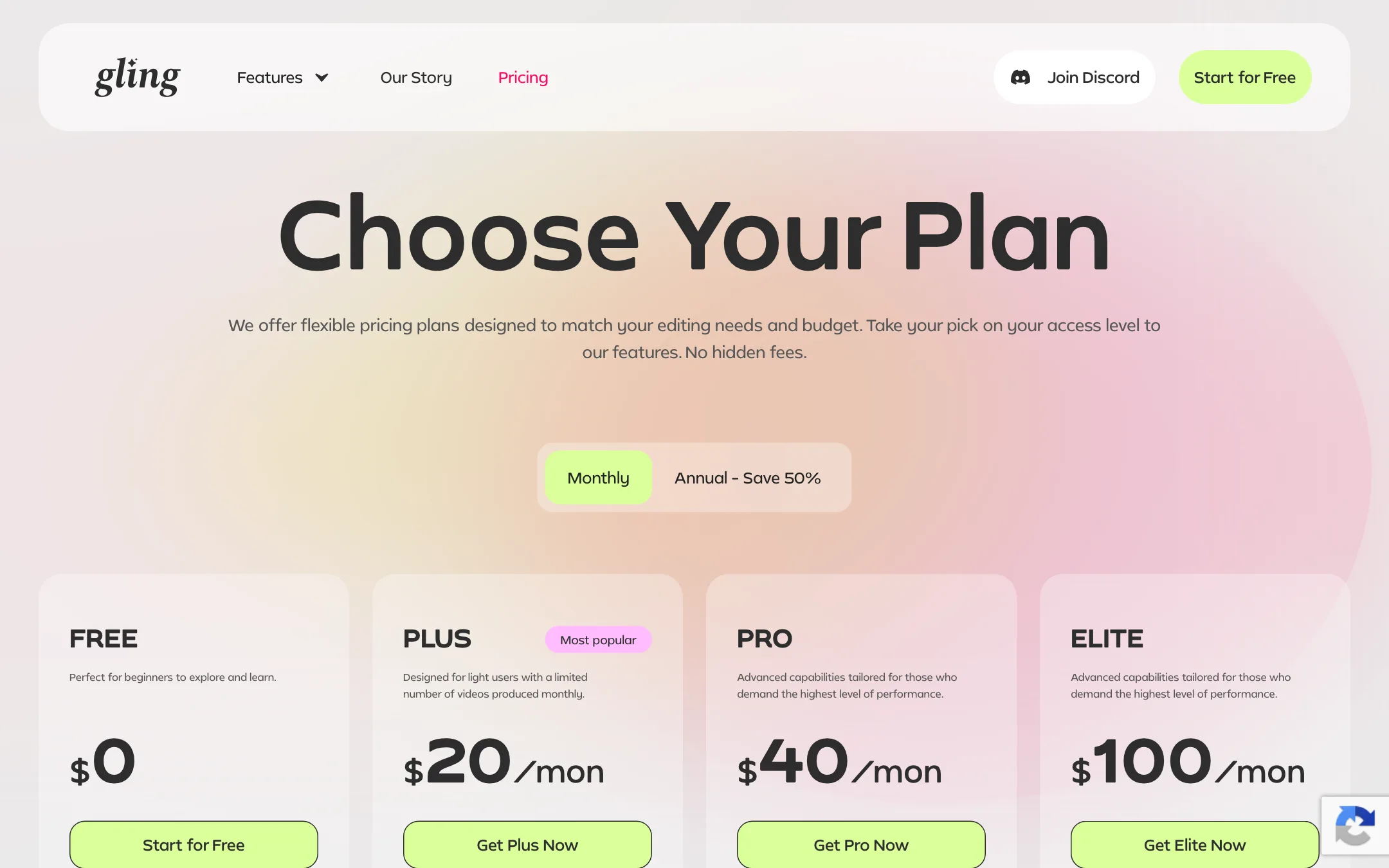 Gling pricing page with Free, Plus, Pro and Elite plans