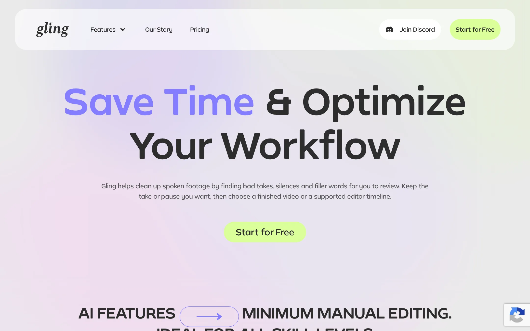 Gling feature page for removing bad takes, silences and filler words