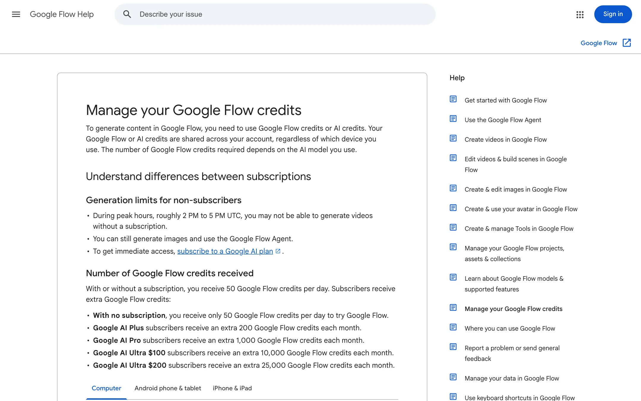 Google Flow help page explaining daily and monthly Flow credits