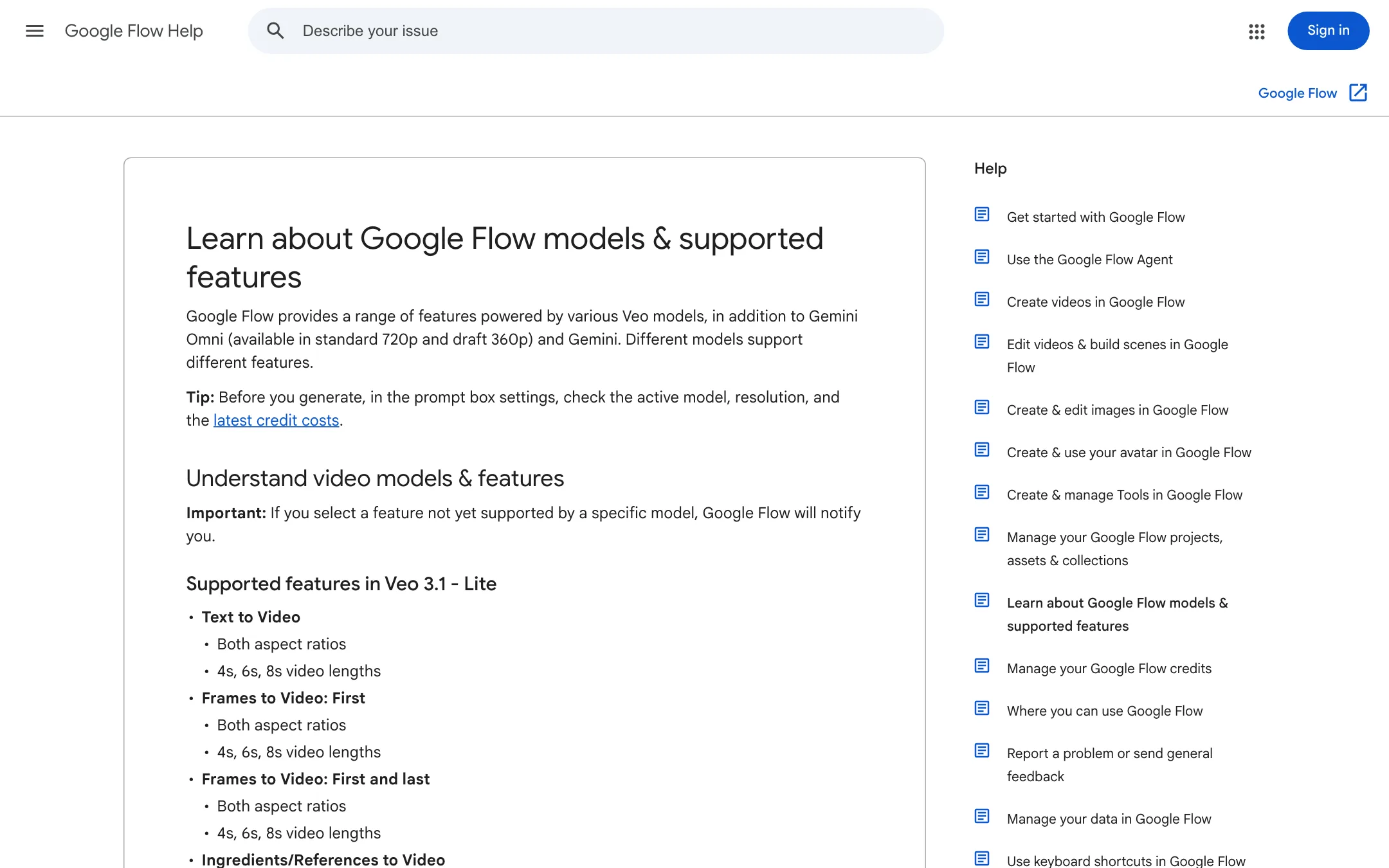 Google Flow help page listing supported features for each Veo 3.1 and Gemini Omni model