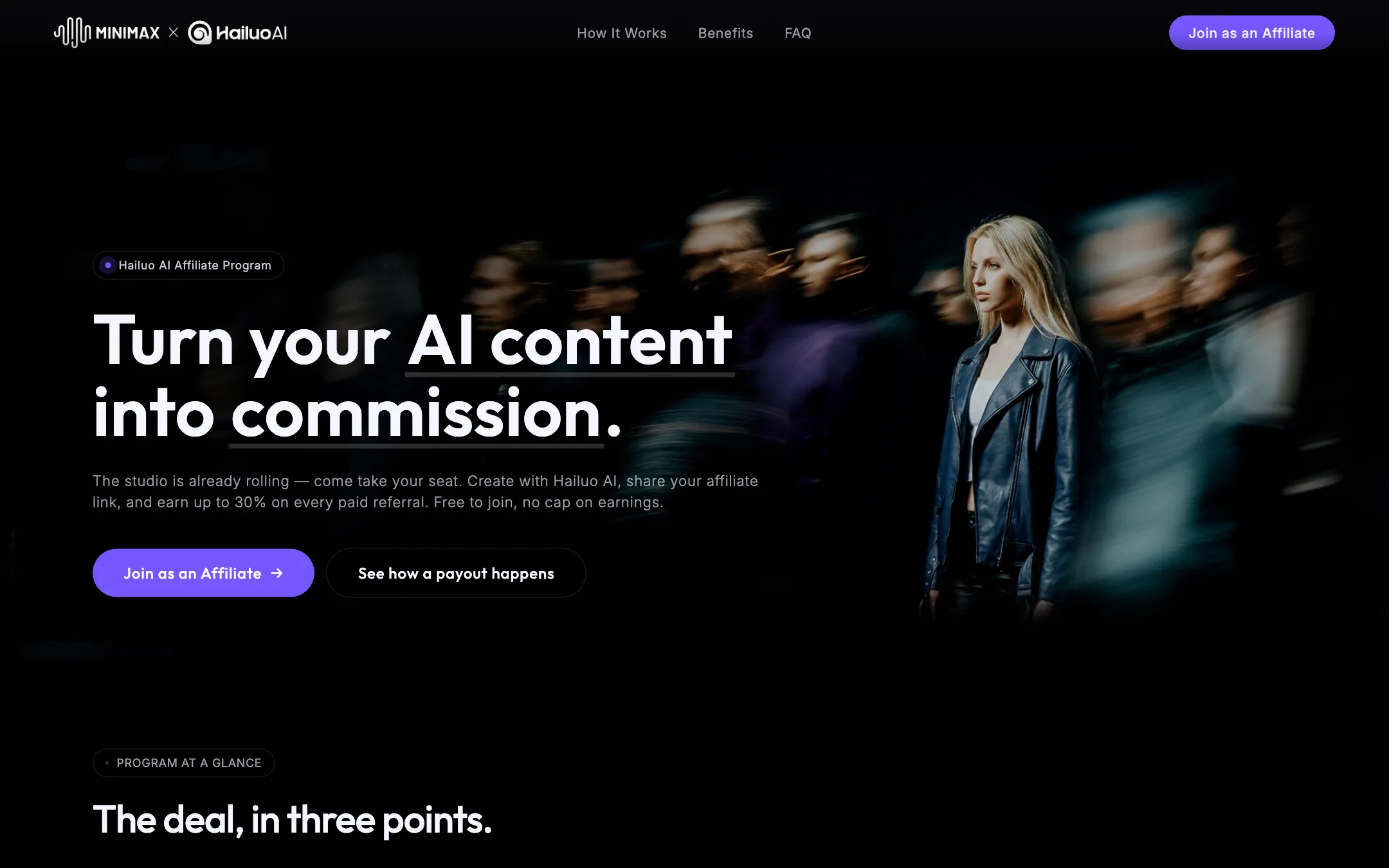 Hailuo AI affiliate program page offering up to 30% commission