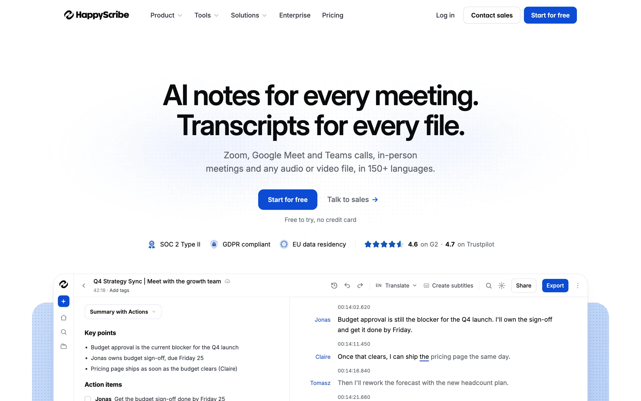 HappyScribe homepage headline: AI notes for every meeting. Transcripts for every file.