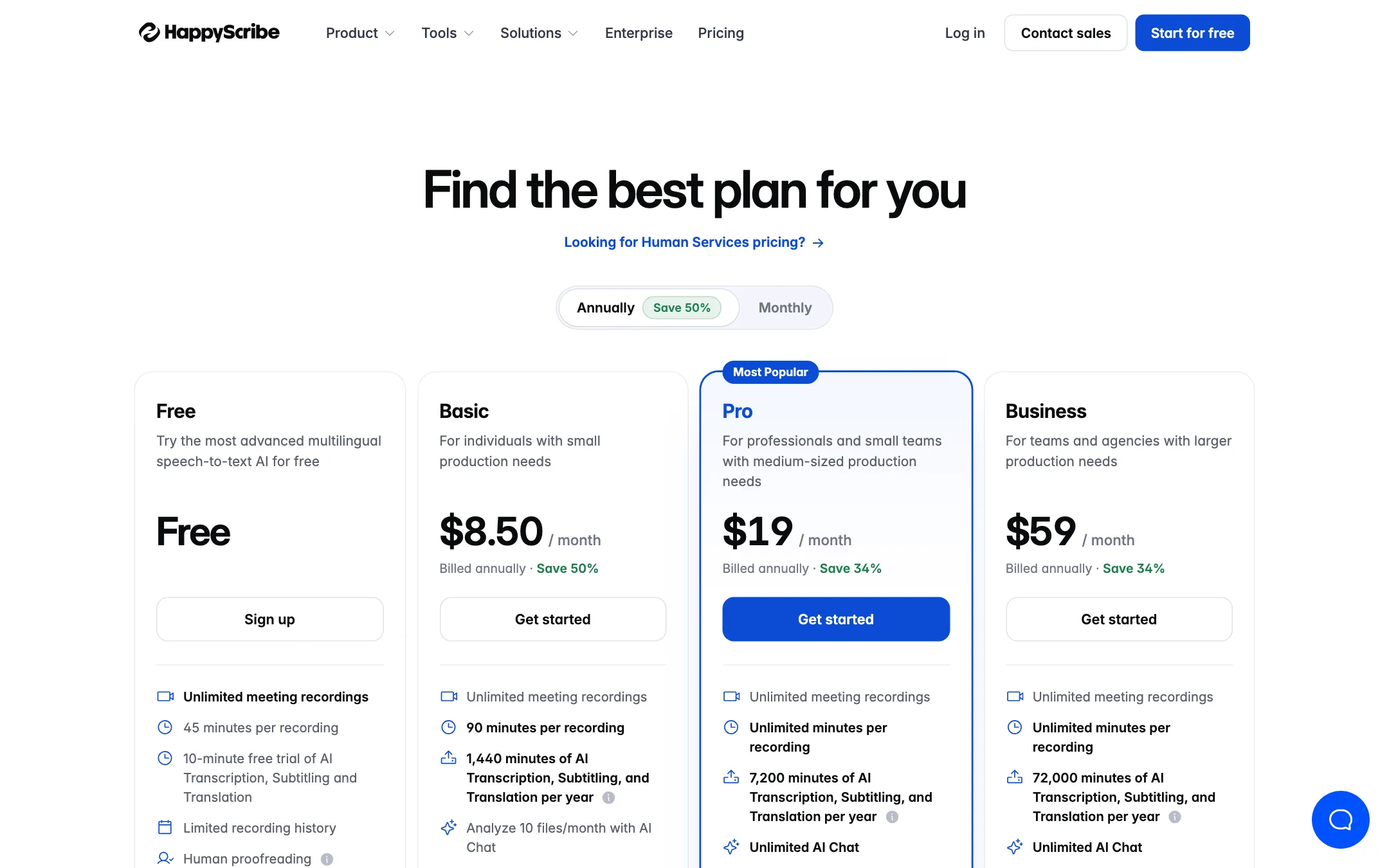 HappyScribe pricing with Free, Basic, Pro and Business plans billed annually