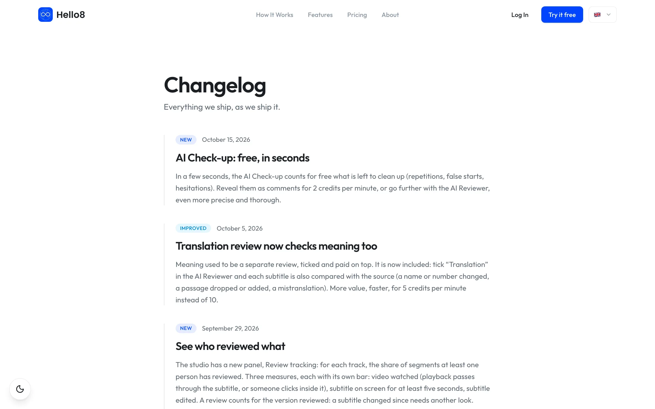 Hello8 public changelog with recent AI Reviewer updates