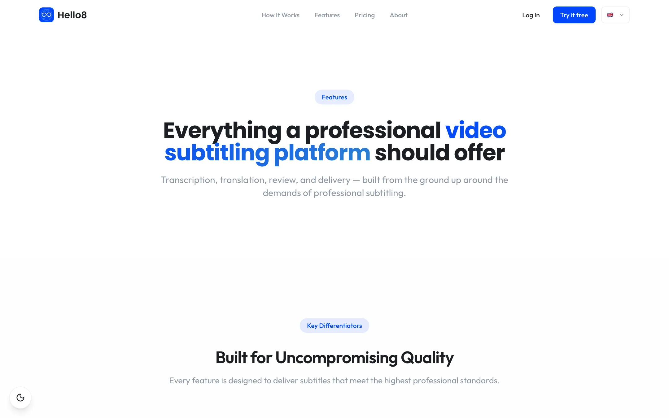 Hello8 features page for its professional subtitling platform