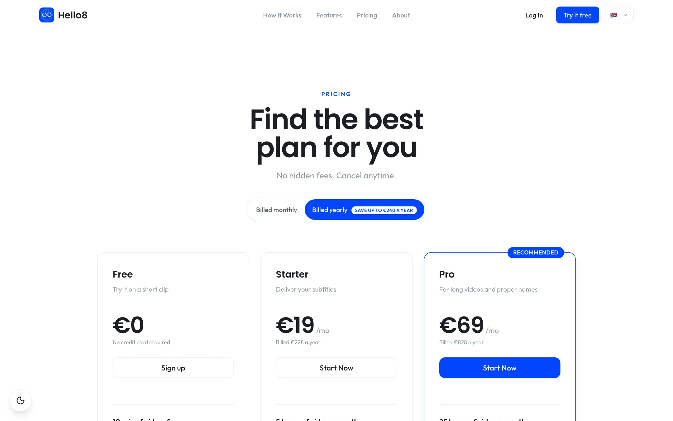 Hello8 pricing page with Free, Starter and Pro plans in euros