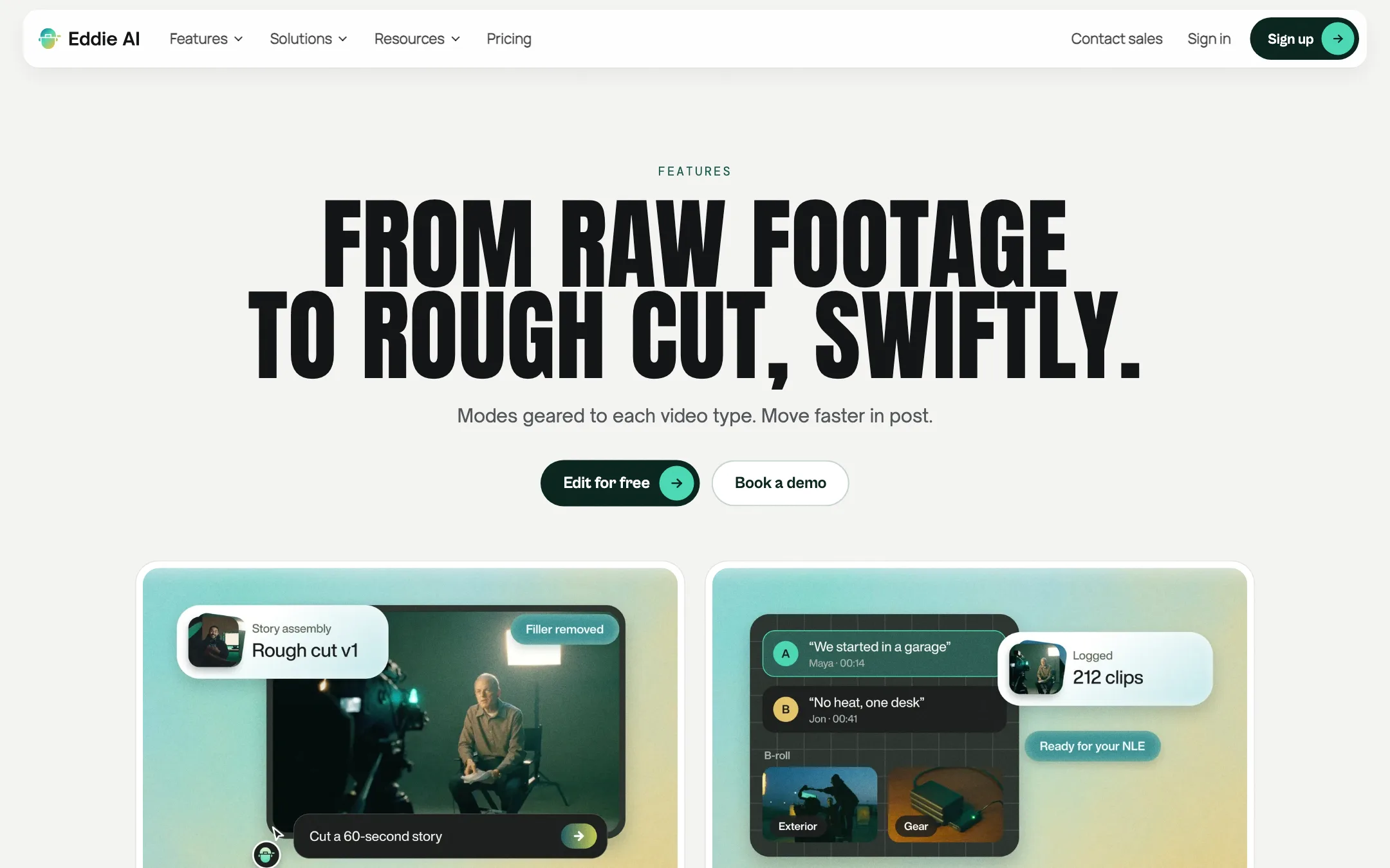 Eddie AI features page listing rough cuts, logging, multicam and social clips