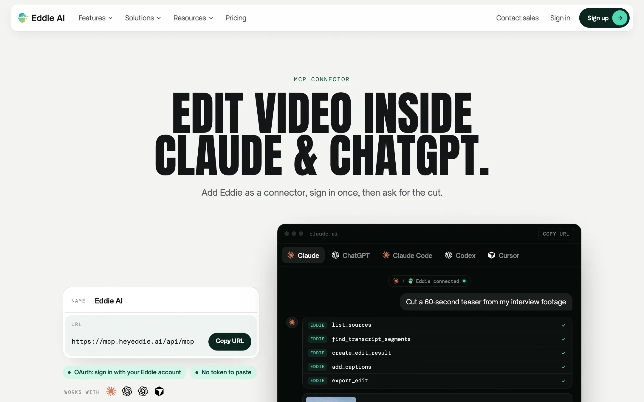 Eddie AI page explaining how to add Eddie as a connector in Claude and ChatGPT