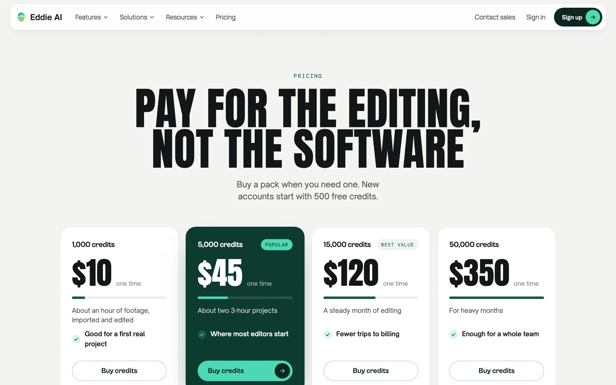 Eddie AI pricing page with four one-time credit packs