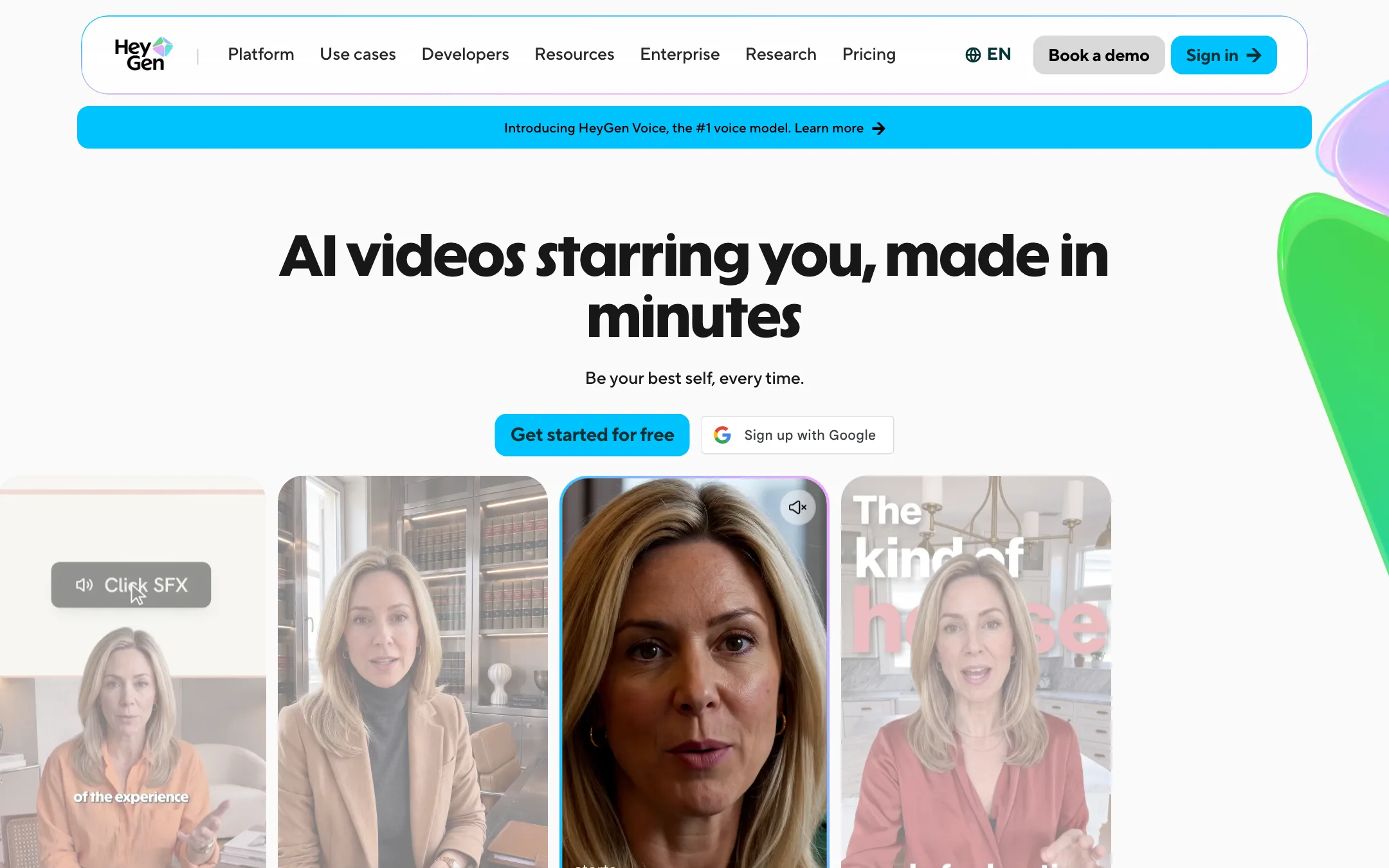 HeyGen homepage headline: AI videos starring you, made in minutes