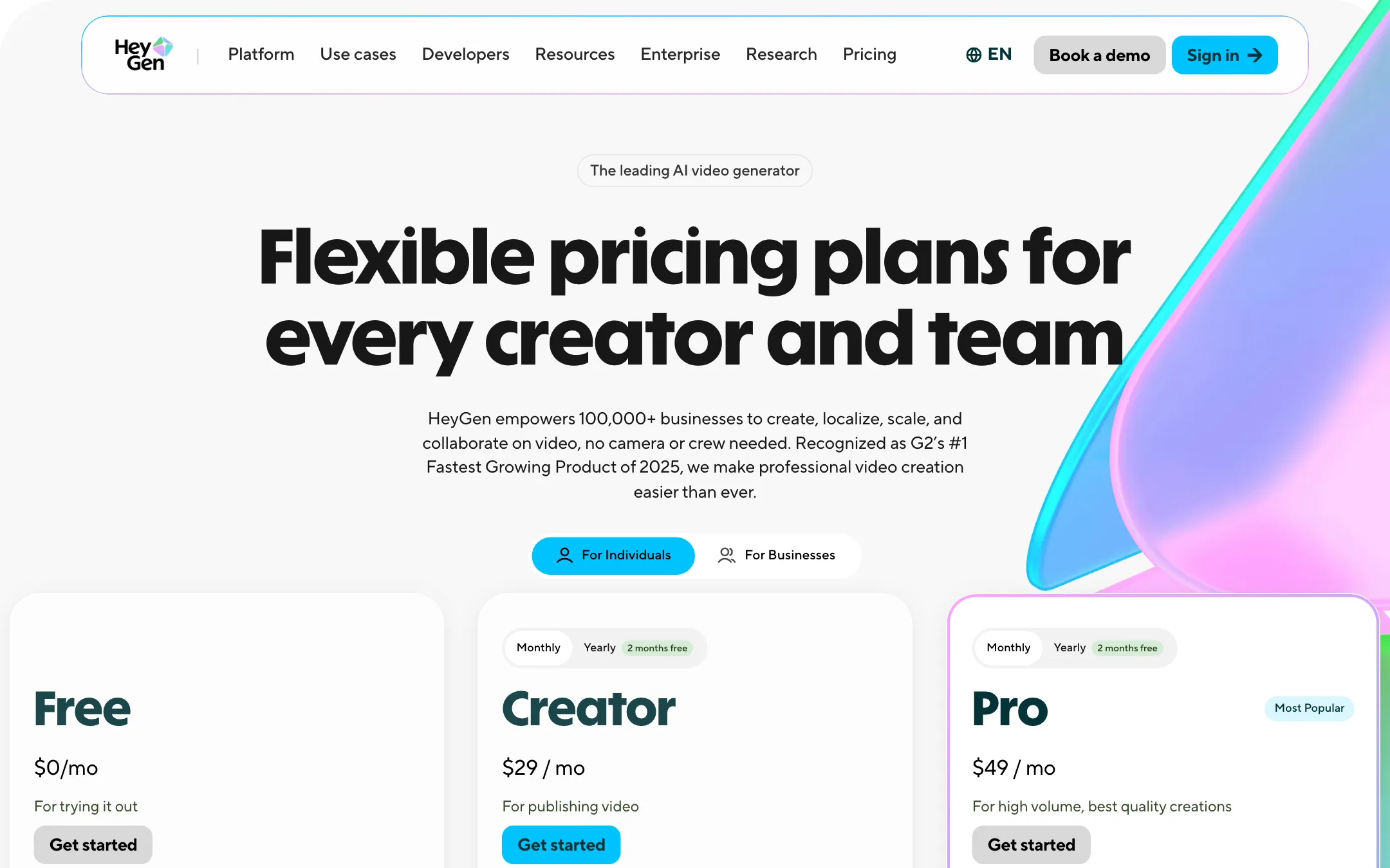 HeyGen pricing page with Free, Creator and Pro plans