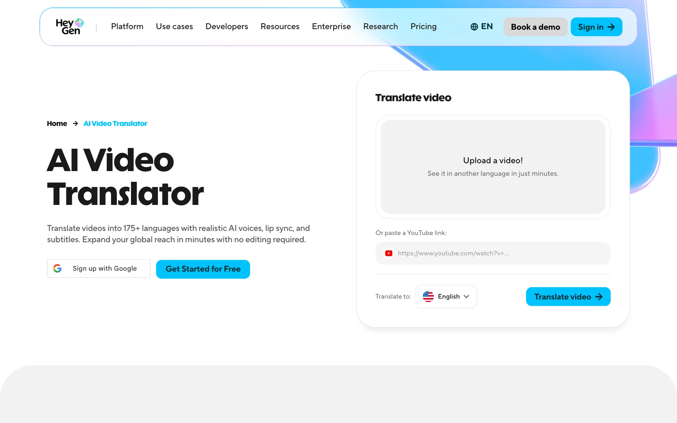 HeyGen AI Video Translator page with upload box and language picker