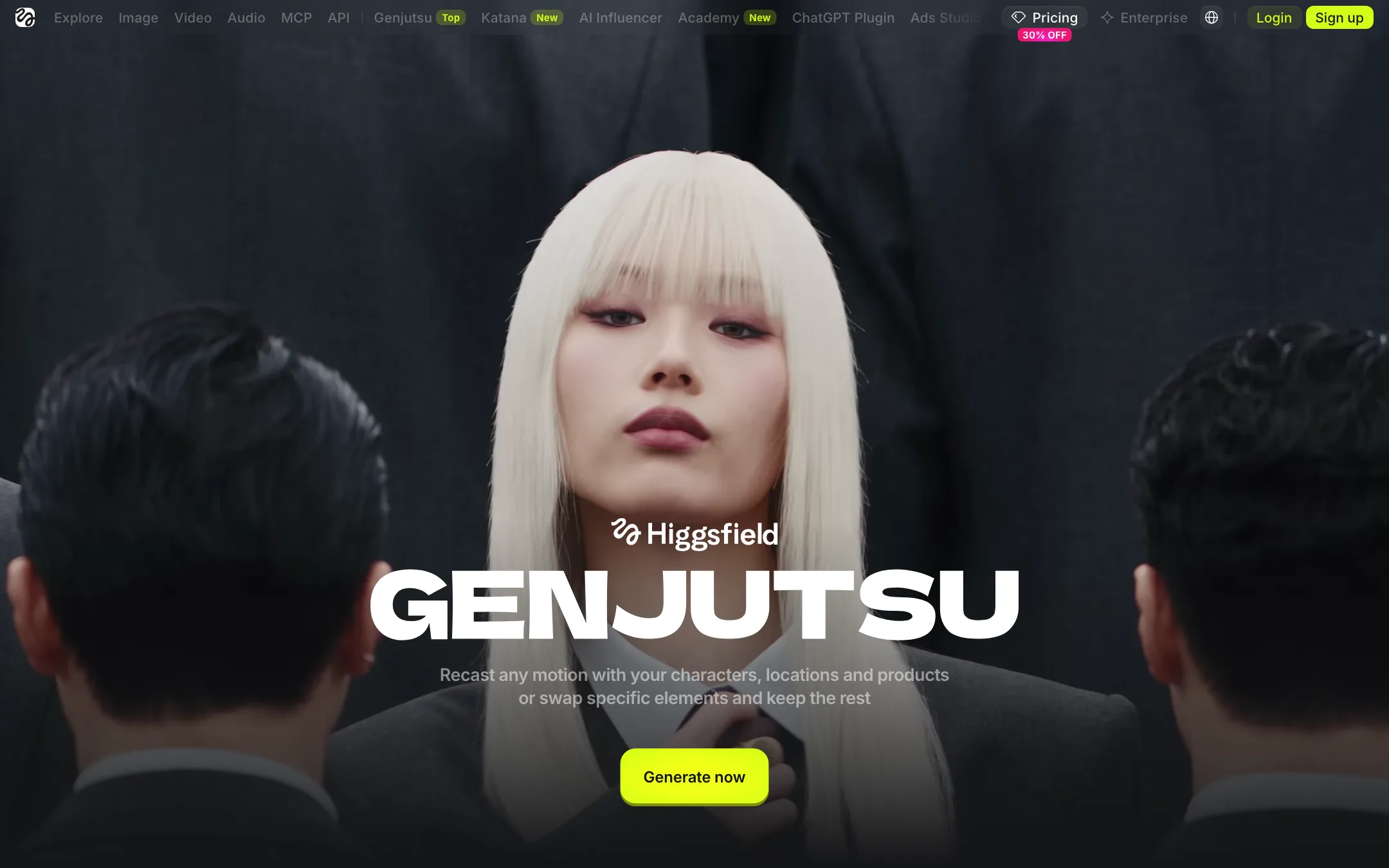 Higgsfield Genjutsu page headline: recast any motion with your characters, locations and products