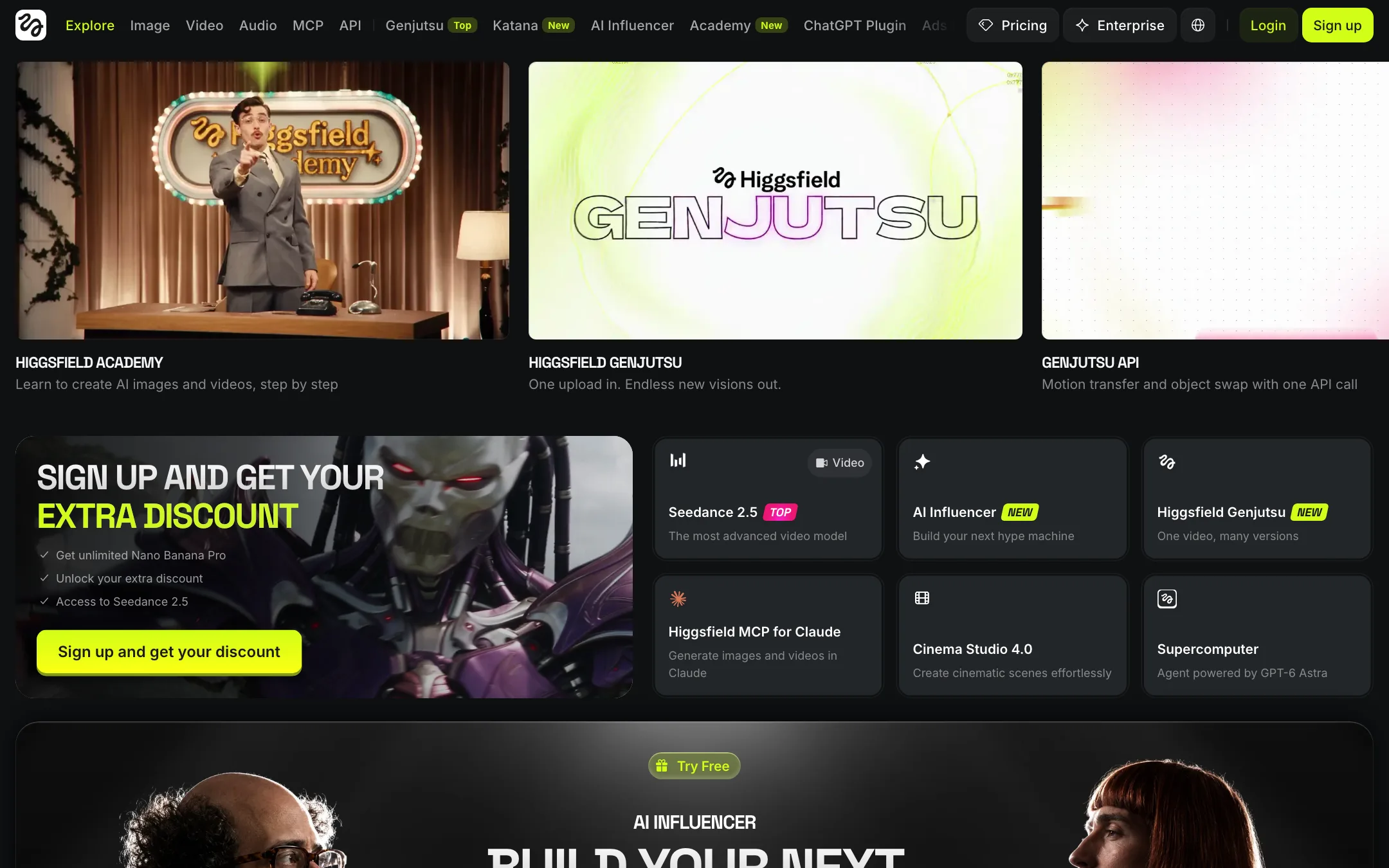 Higgsfield homepage with Academy, Genjutsu, Seedance 2.5, AI Influencer and Cinema Studio tiles