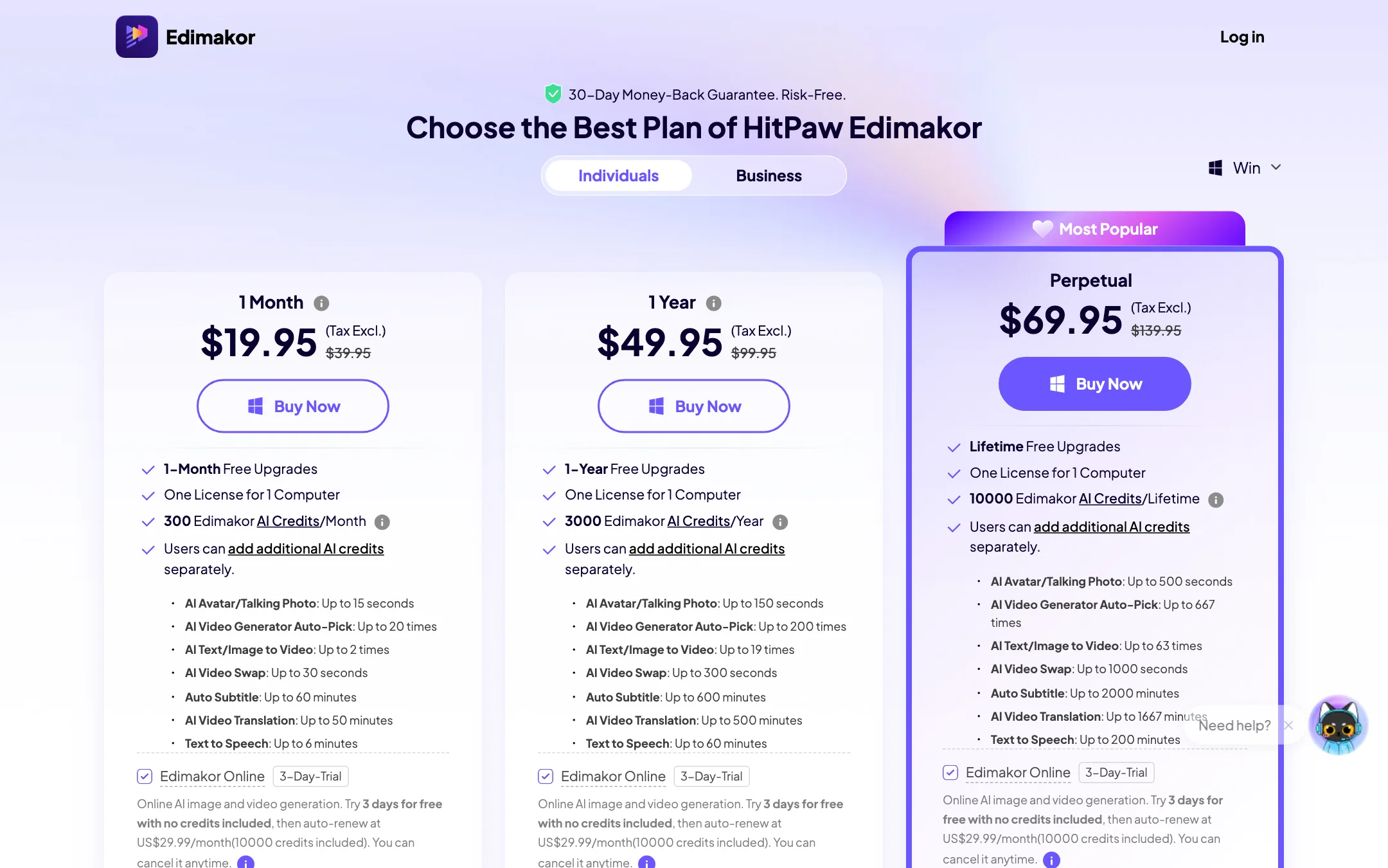 Edimakor pricing page with 1 Month, 1 Year and Perpetual plans