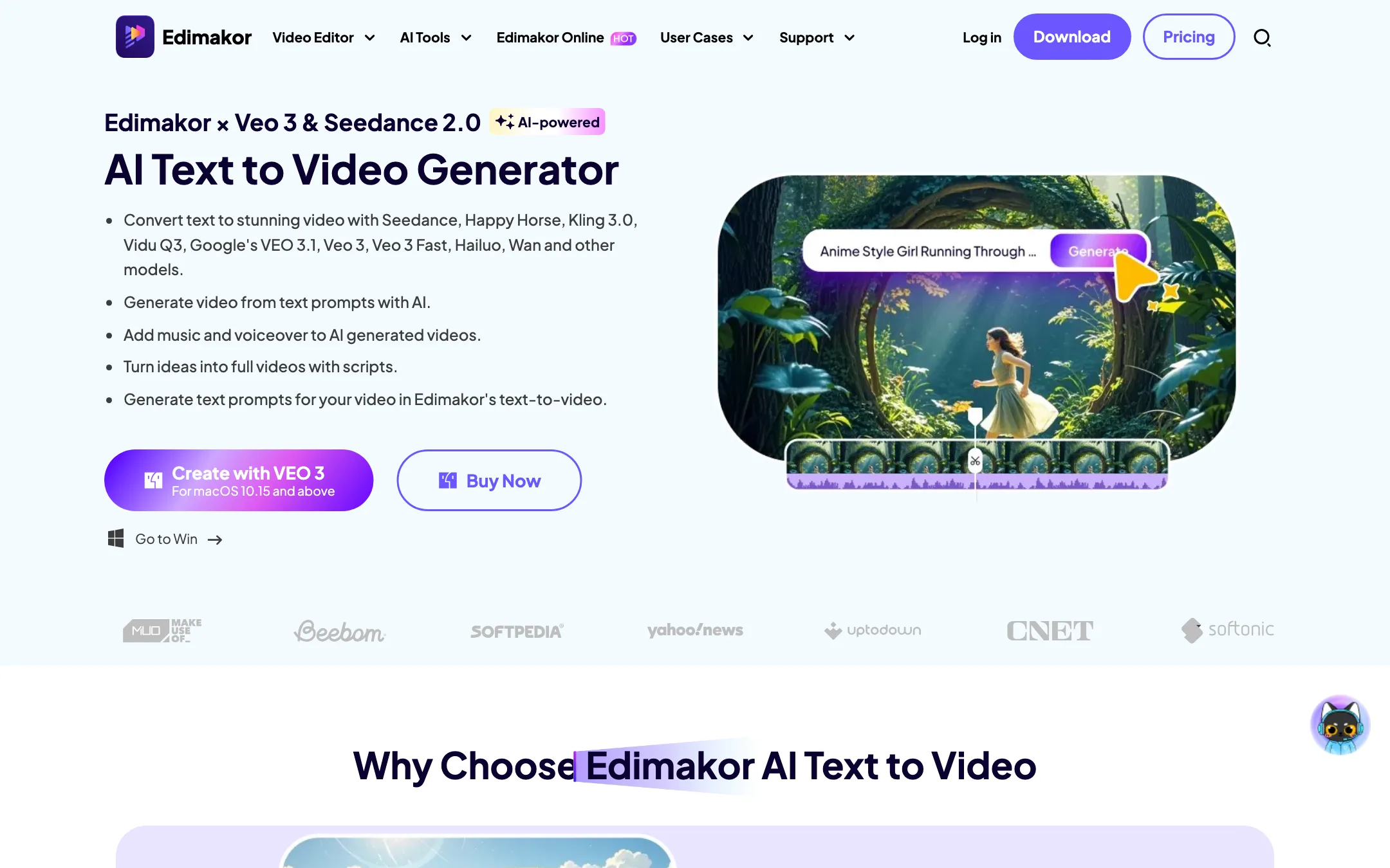 Edimakor AI Text to Video Generator page listing Seedance, Kling, Vidu, Veo, Hailuo and Wan