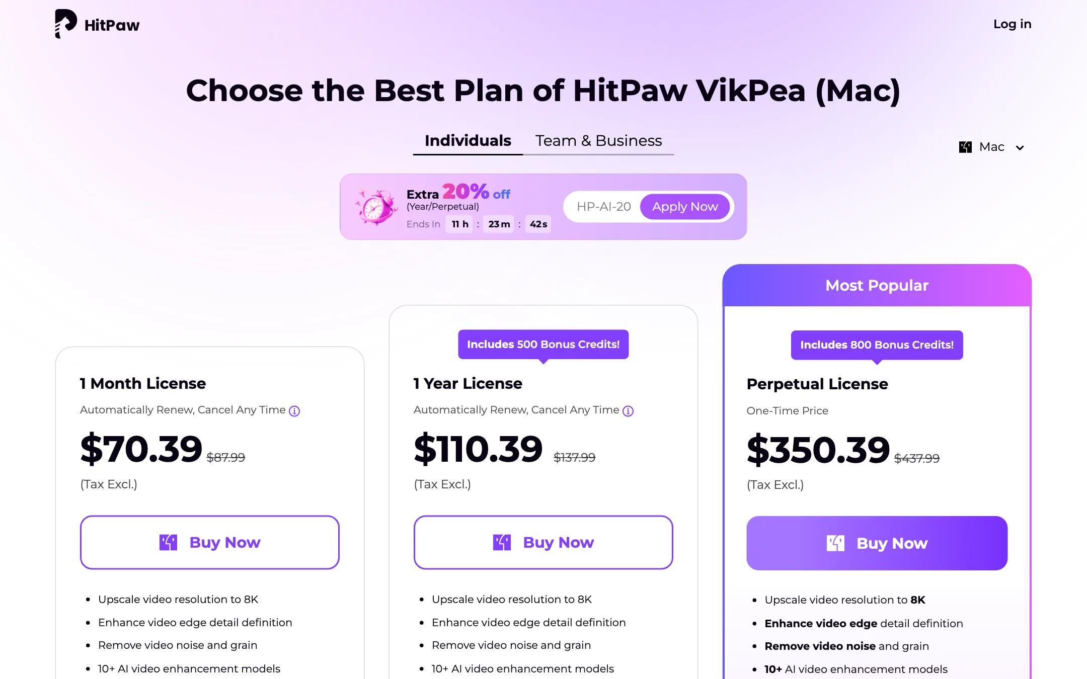 HitPaw VikPea Mac plans with higher monthly and yearly prices