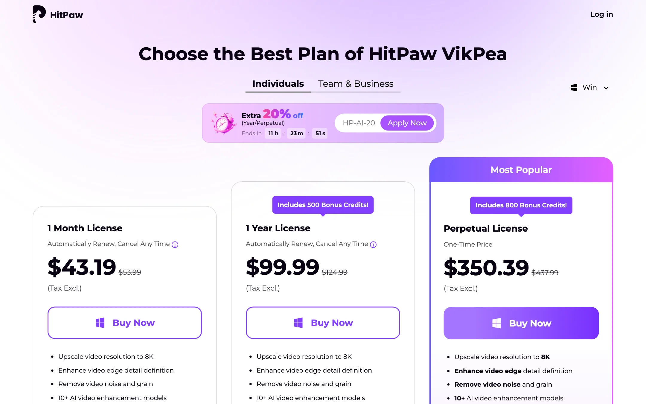 HitPaw VikPea Windows plans with yearly, monthly and perpetual licenses