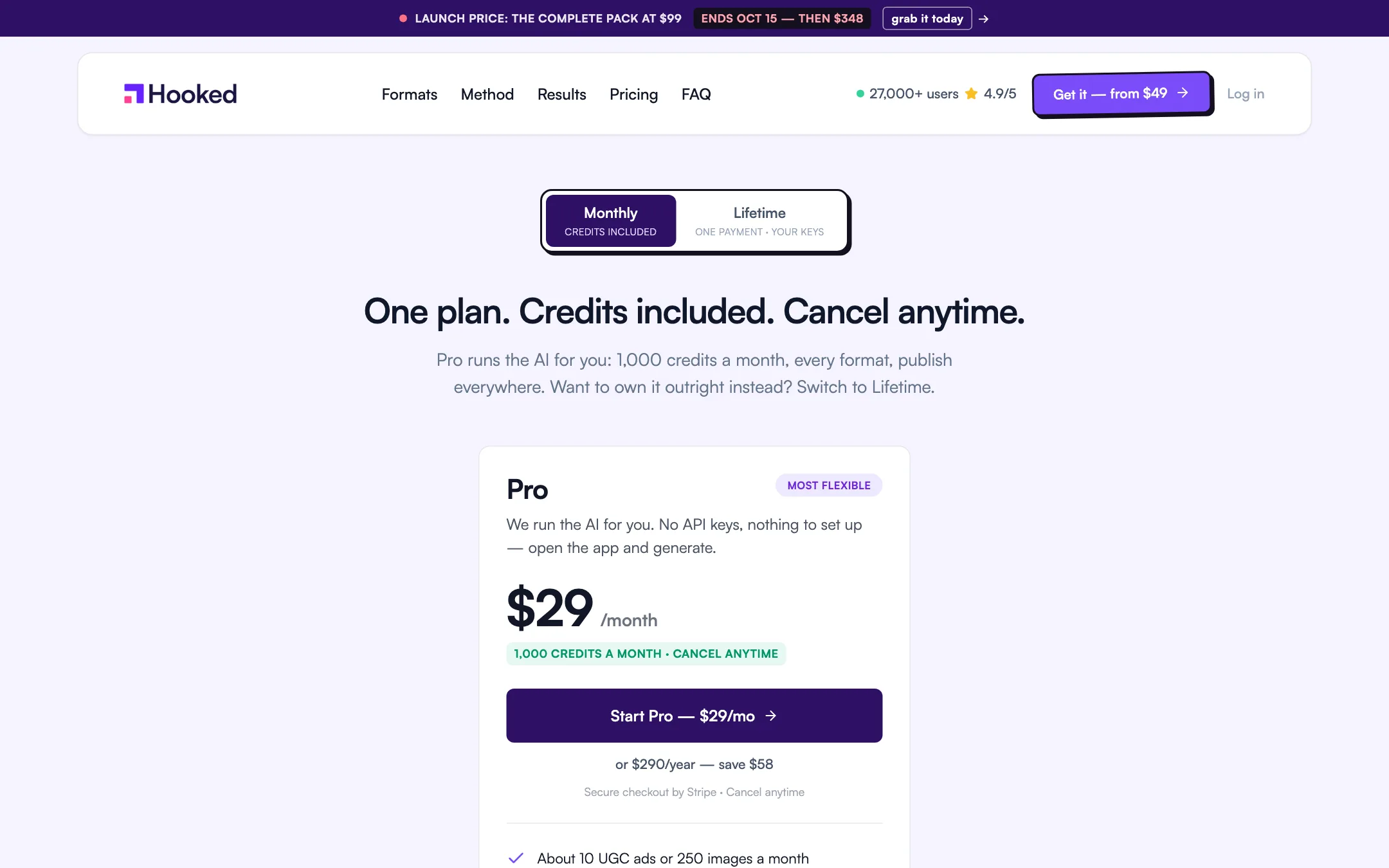 Hooked pricing page showing the Monthly Pro plan at $29 a month with 1,000 credits