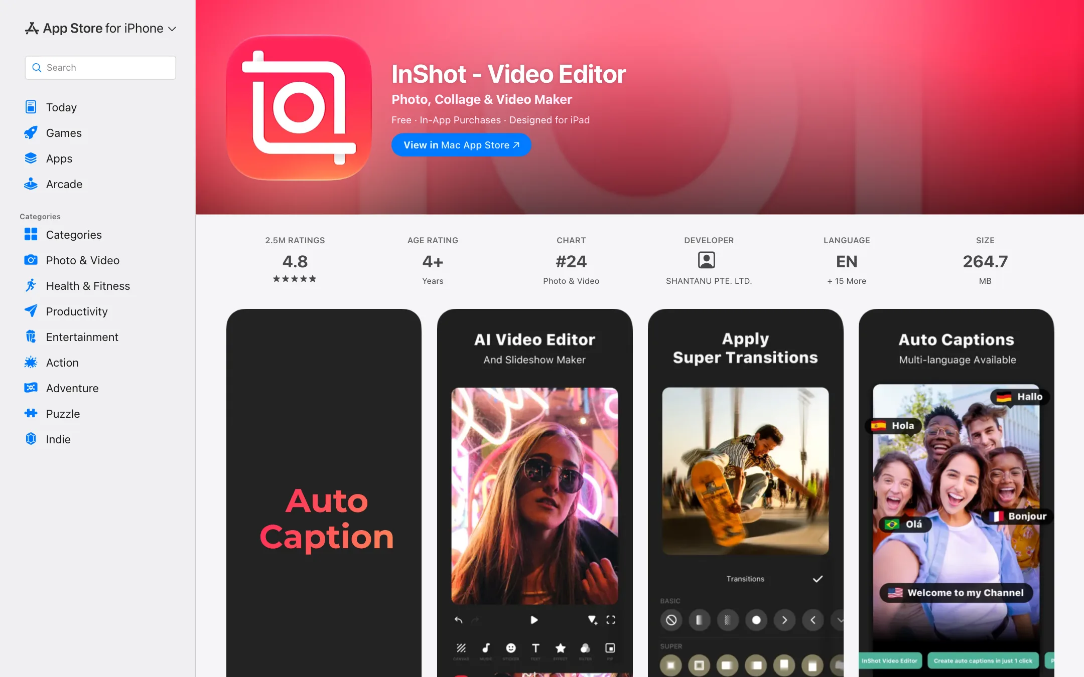InShot Video Editor listing on the US App Store with a 4.8 rating