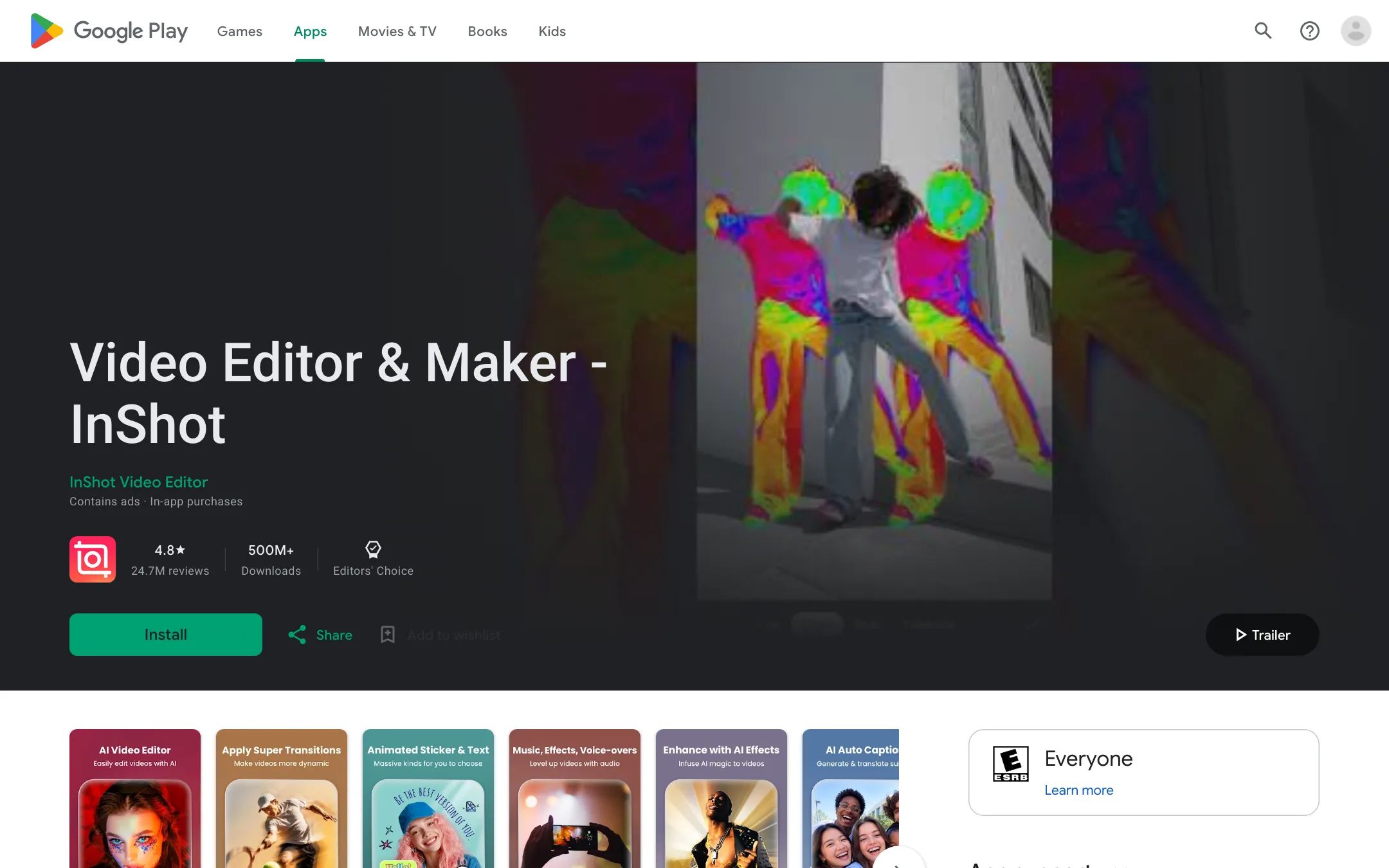 InShot on Google Play with 500 million plus downloads and Editors' Choice badge