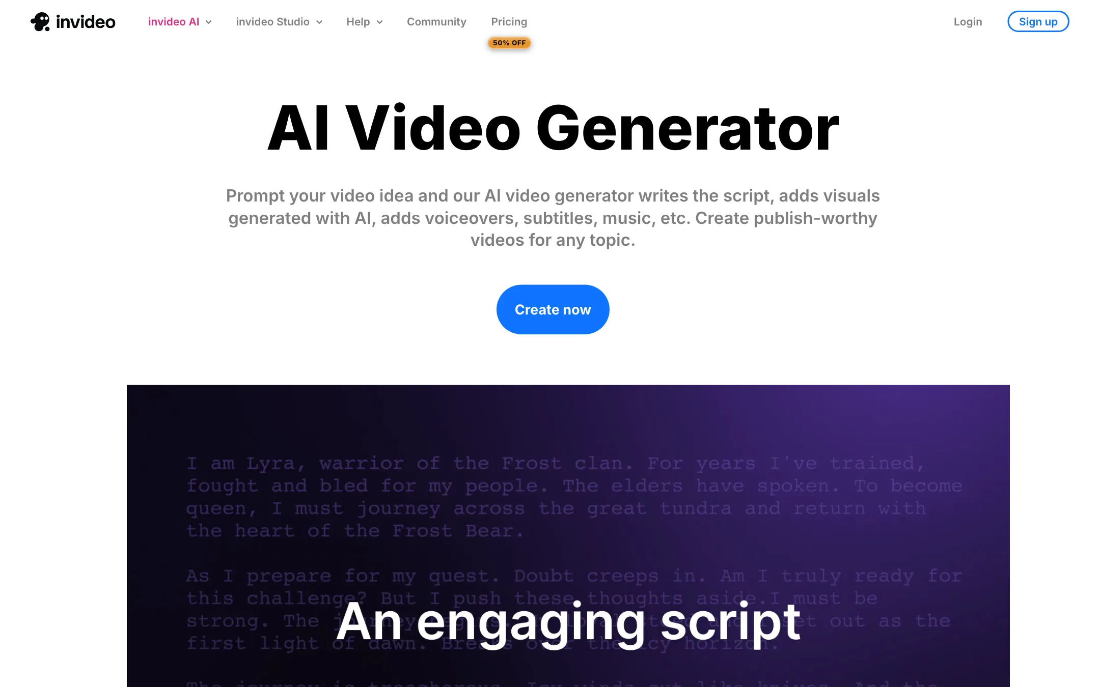 invideo AI video generator landing page
