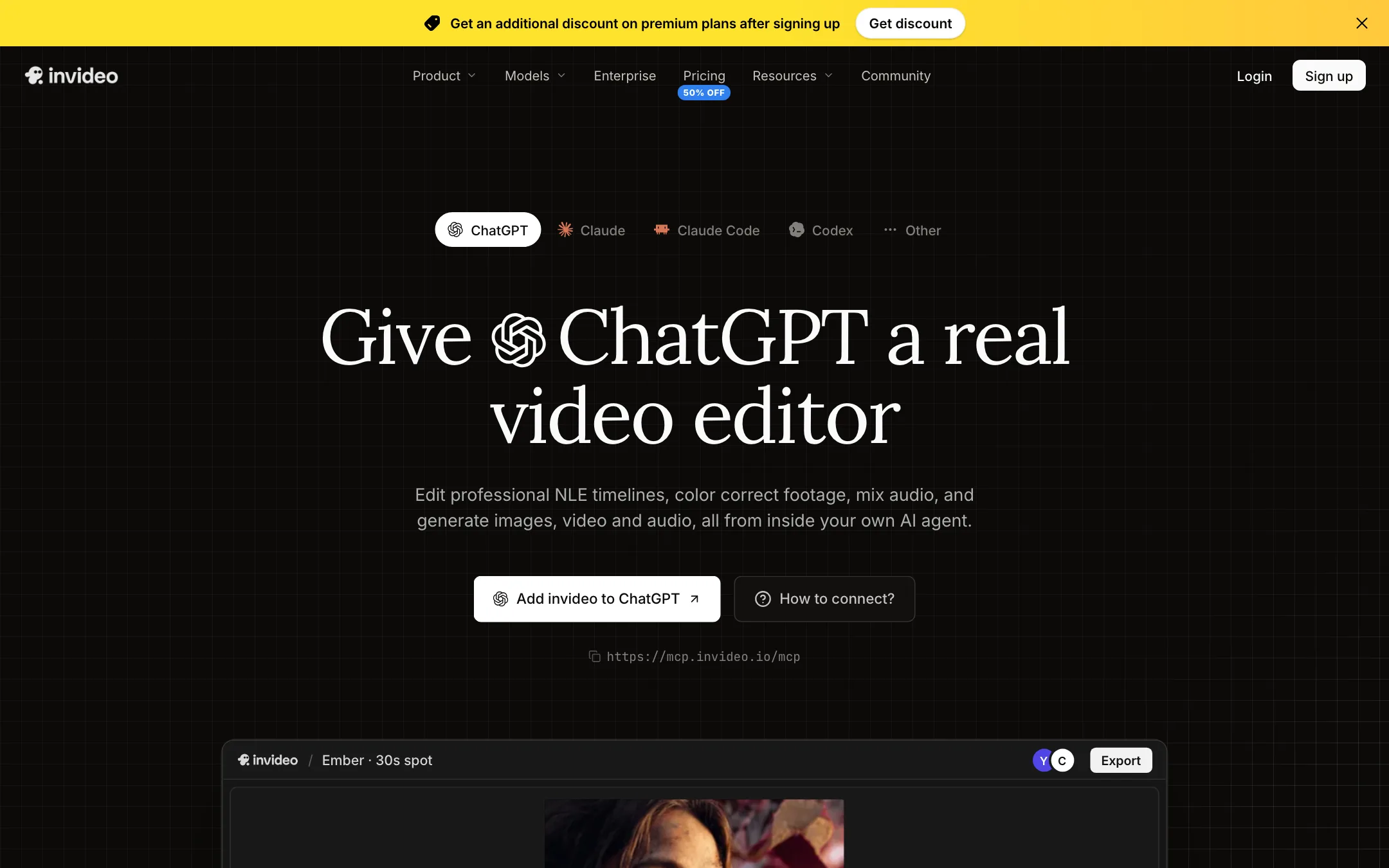 invideo Remote Agents page showing how to connect ChatGPT or Claude to the editor