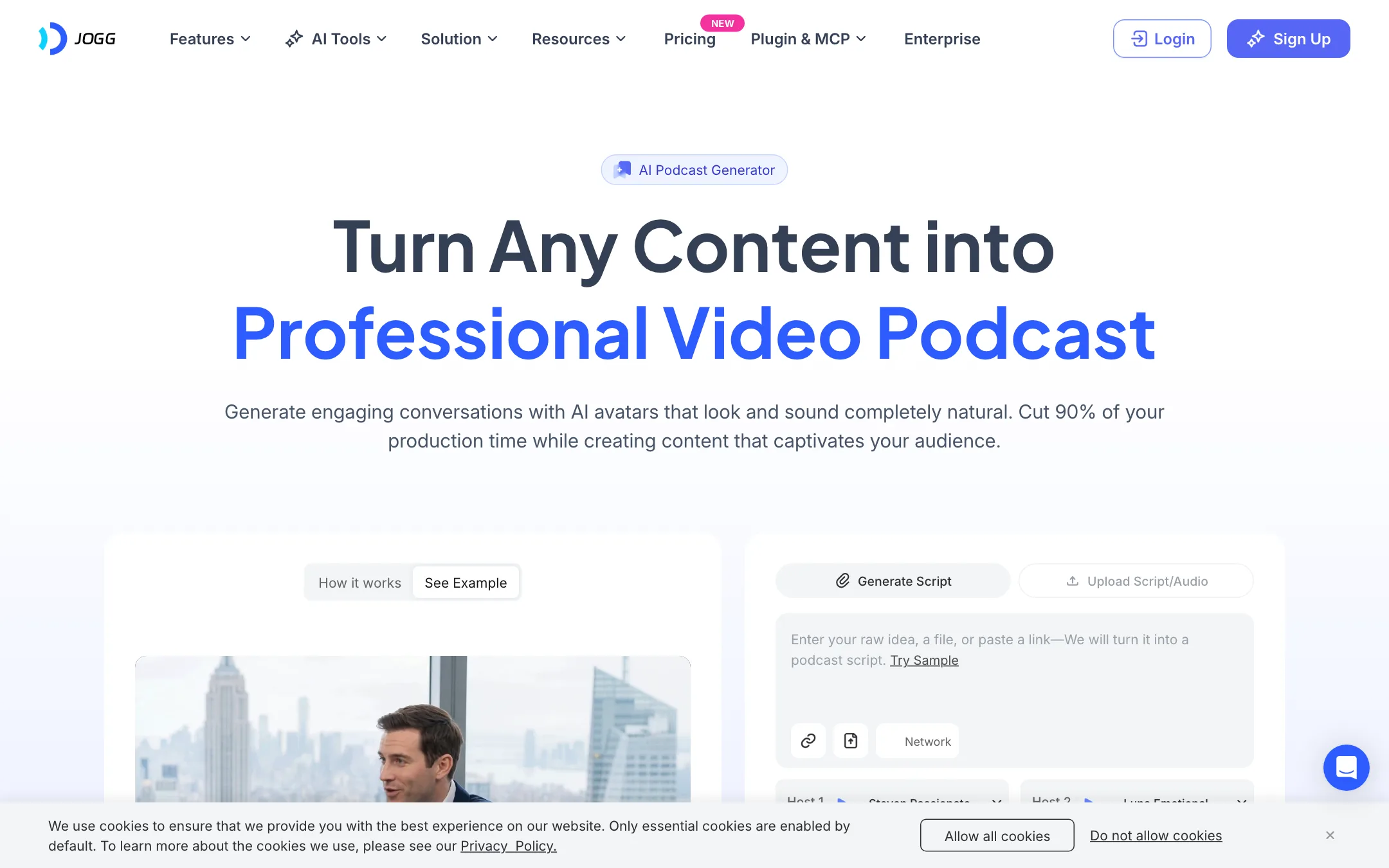 JoggAI AI Podcast Generator with script input and two host pickers