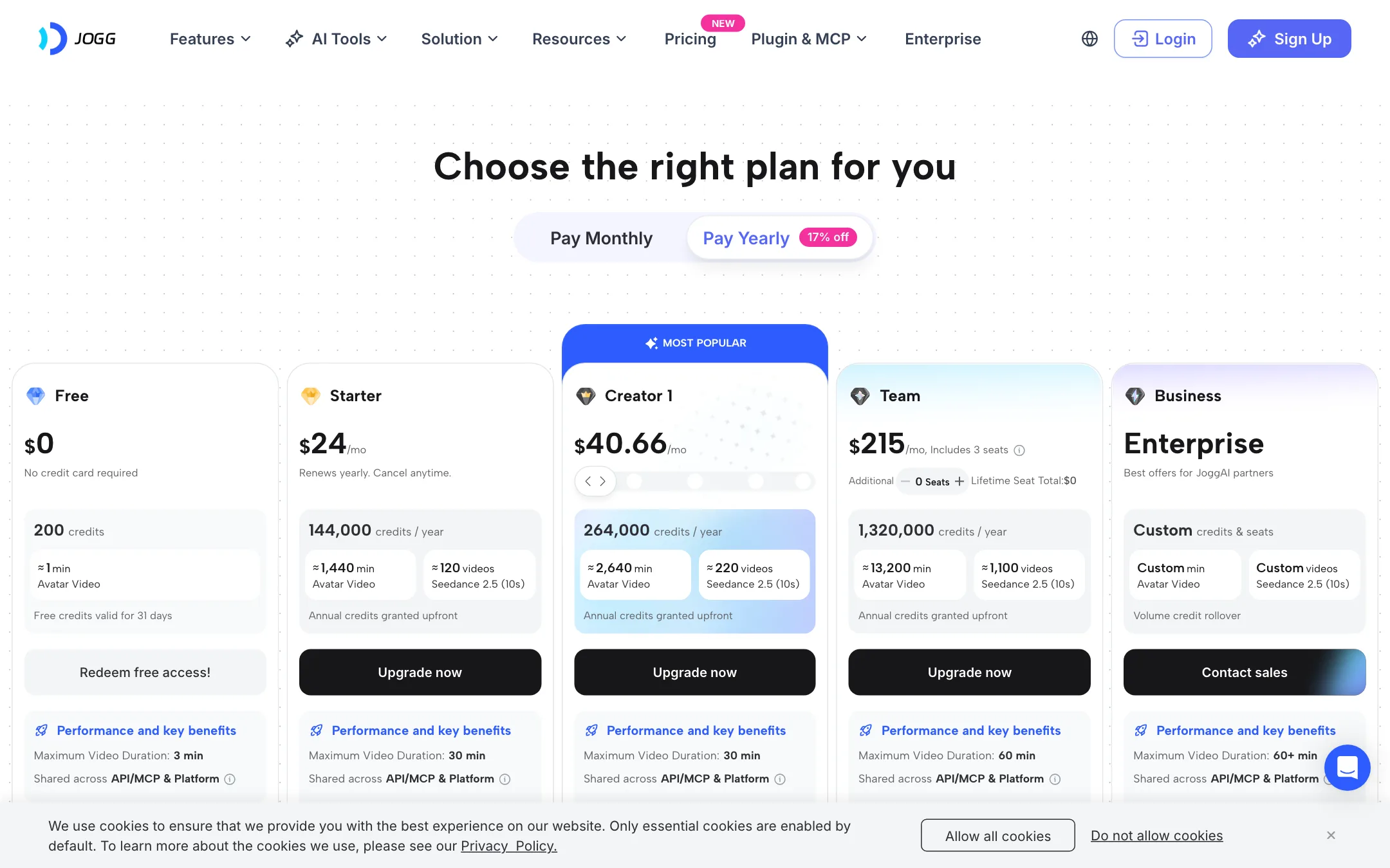 JoggAI pricing with Free, Starter, Creator 1, Team and Enterprise plans on yearly billing