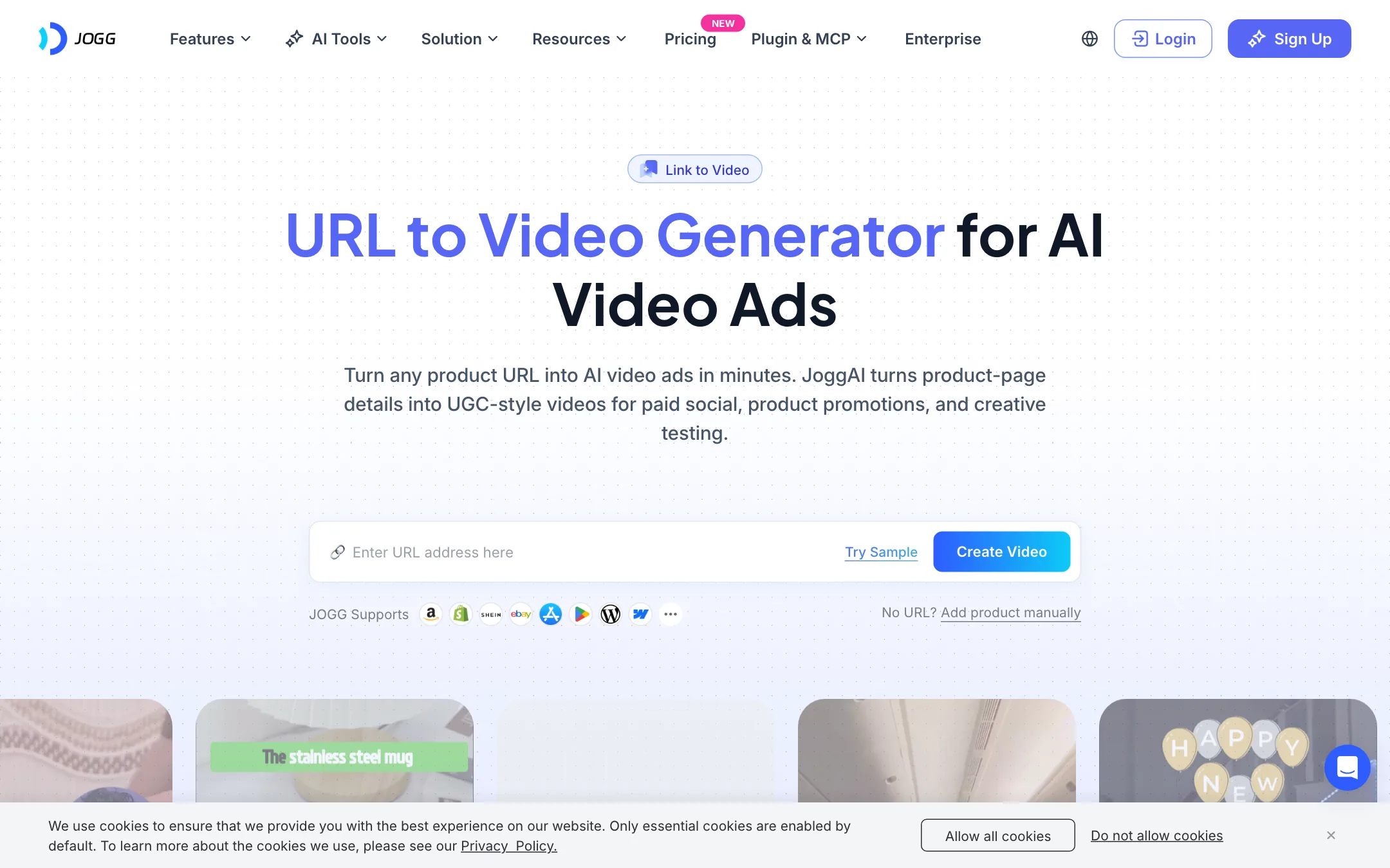 JoggAI URL to Video page with a product link input and supported store logos