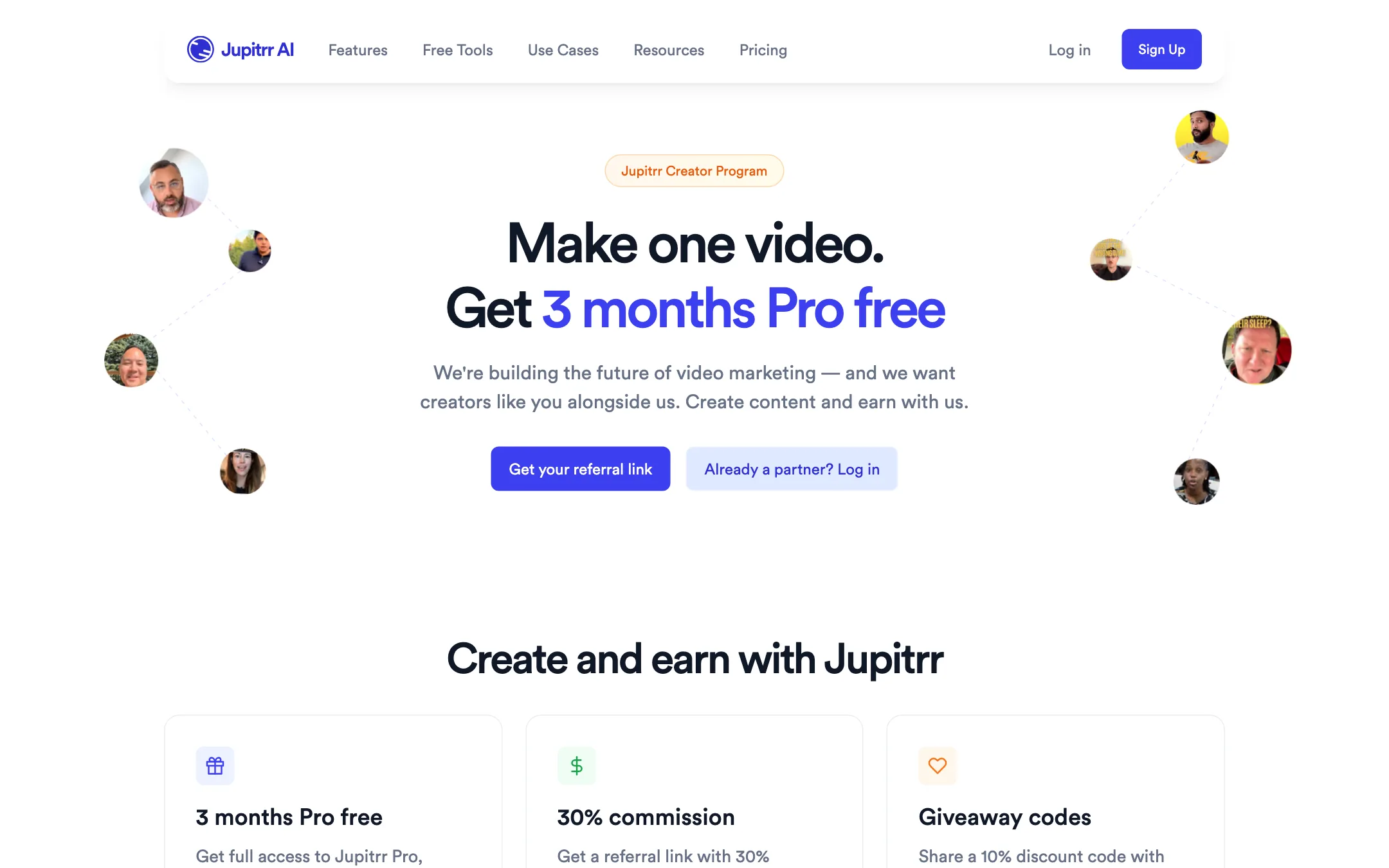 Jupitrr Creator Program page offering 3 months of Pro and 30% commission