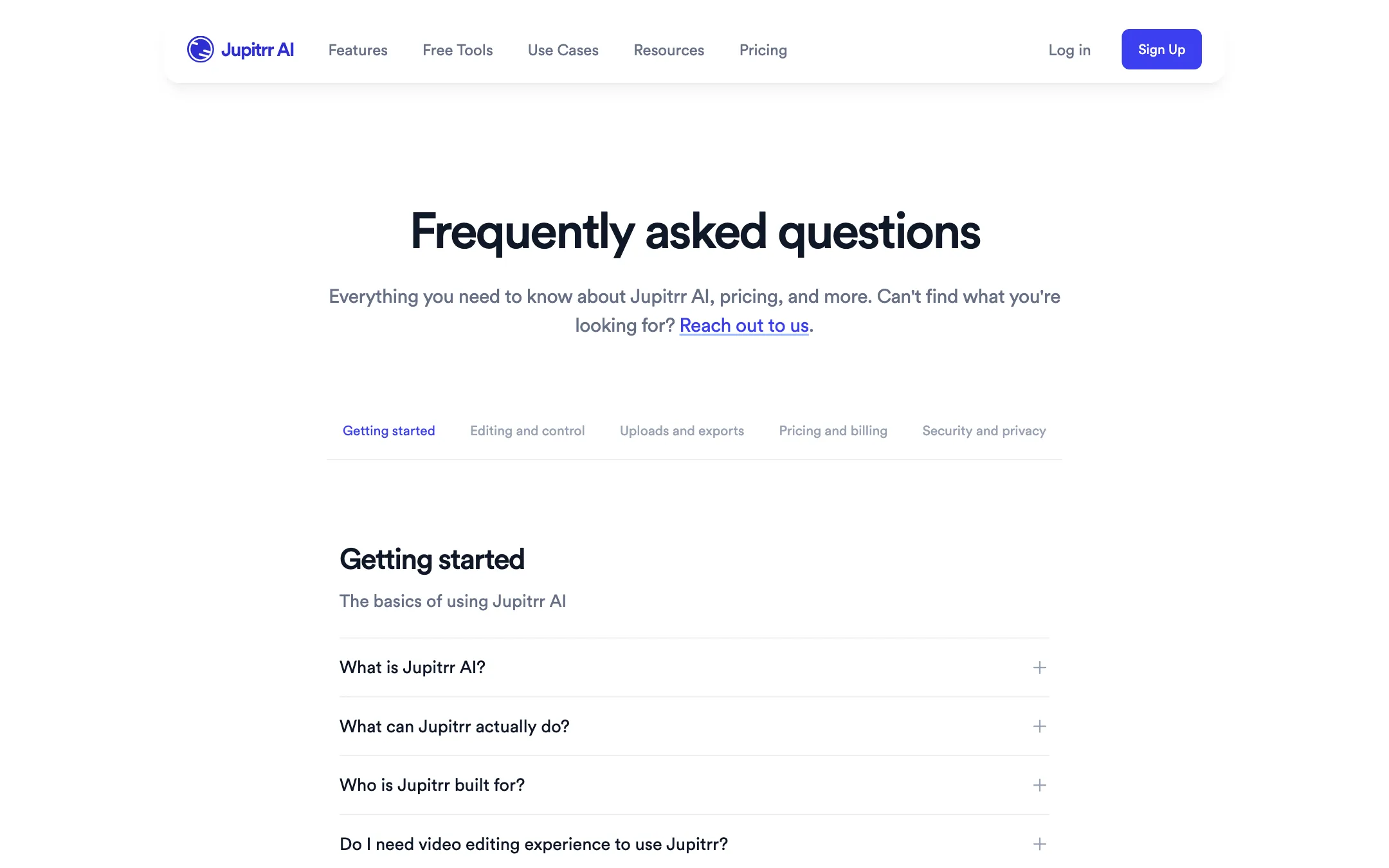 Jupitrr FAQ page with sections for getting started, editing, uploads and pricing